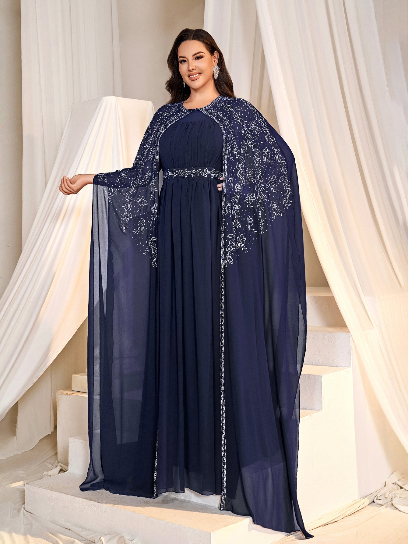 Rhinestone Cape Sleeves & A-Line Skirt with Cathedral Train