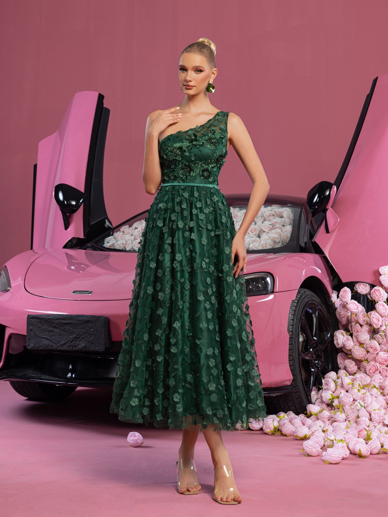 Elegant Floral Applique Midi Gown with Voluminous Skirt Spring/Summ Dark Green / XS Elegant Floral Applique Midi Gown with Voluminous Skirt Spring/Summ Dark Green / XS