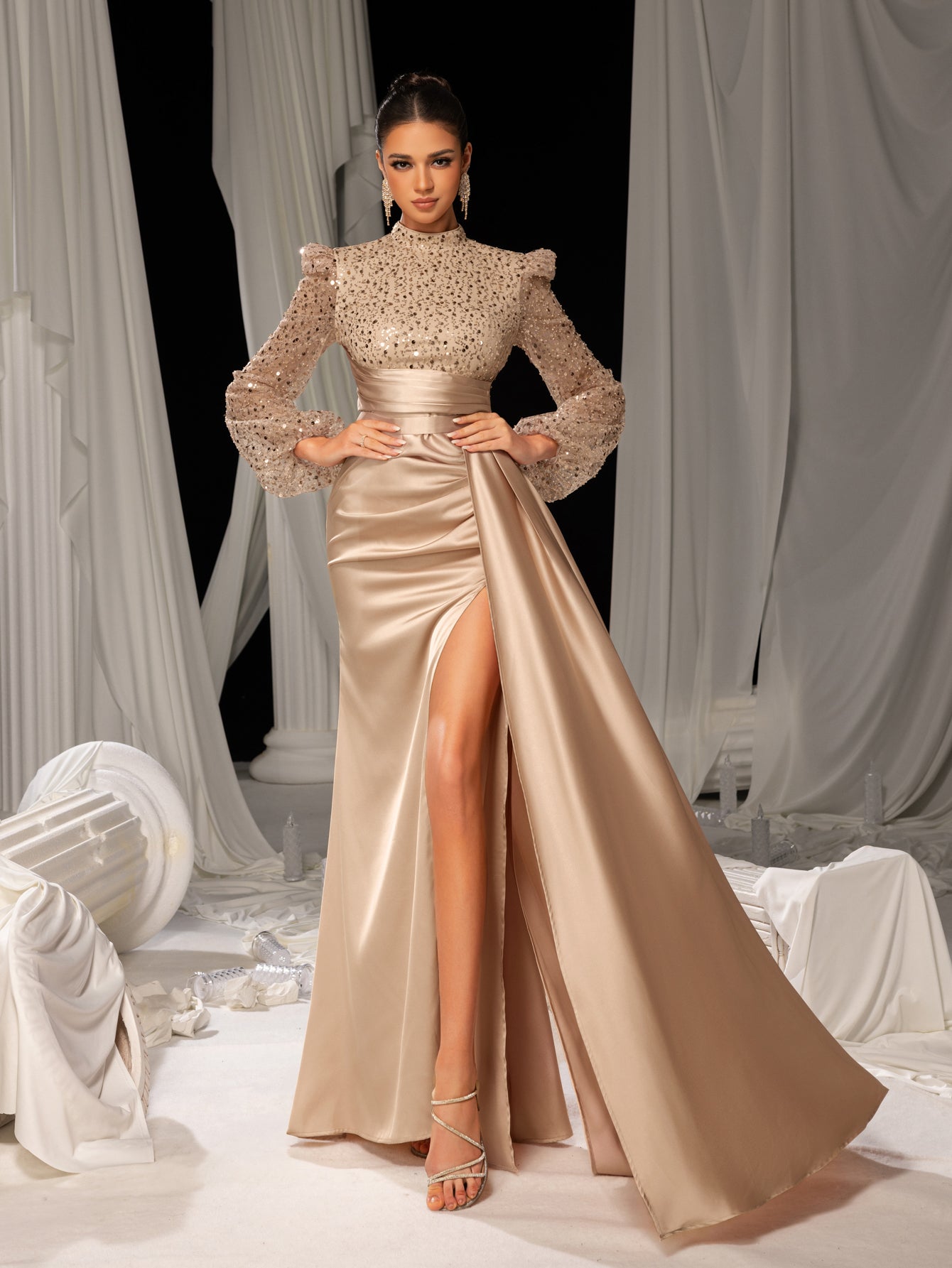 Elegant Satin Evening Gown with High Slit & Crystal-Embellished Sleev Dark Green / L