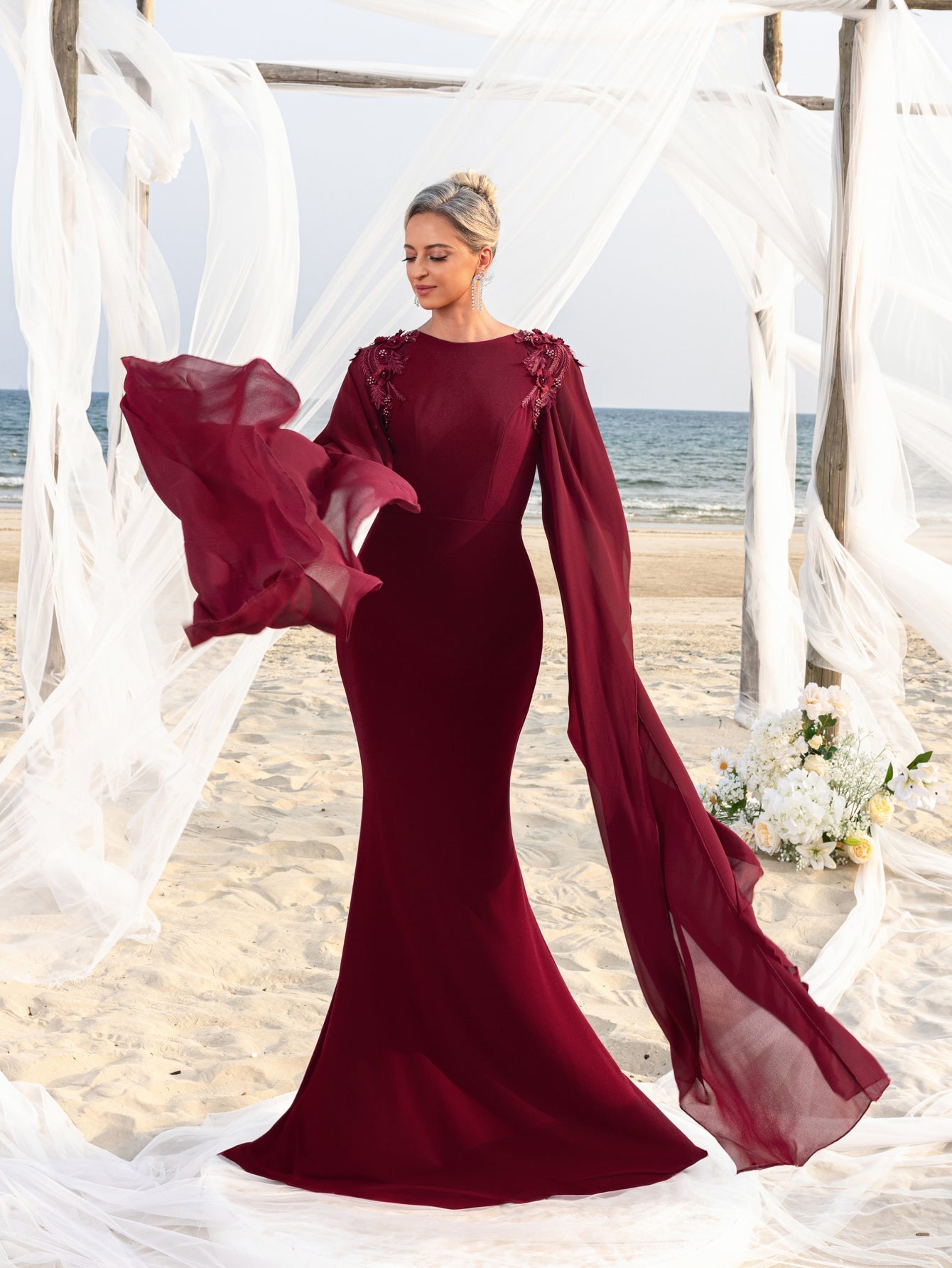 Womens' Mermaid Silhouette Formal Dress with Flared Chiffon Sleeves & Burgundy / XXL Womens' Mermaid Silhouette Formal Dress with Flared Chiffon Sleeves & Burgundy / XXL