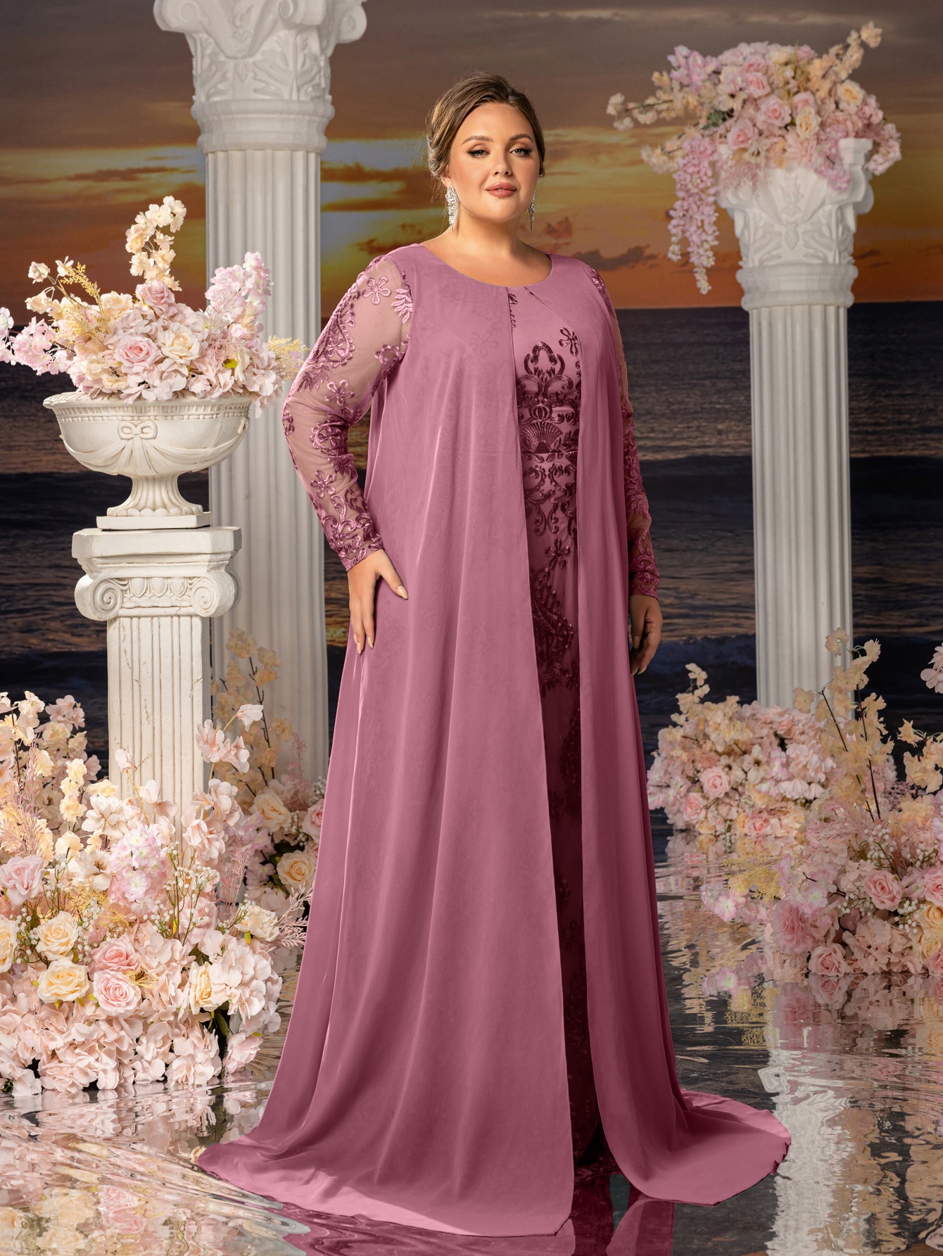 Plus Womens' Elegant Lace Mermaid Gown - Sheer Sleeves & Intricate Lace Patterns with Chiffon Overlay for Beach Weddings, Romantic Coastal Events