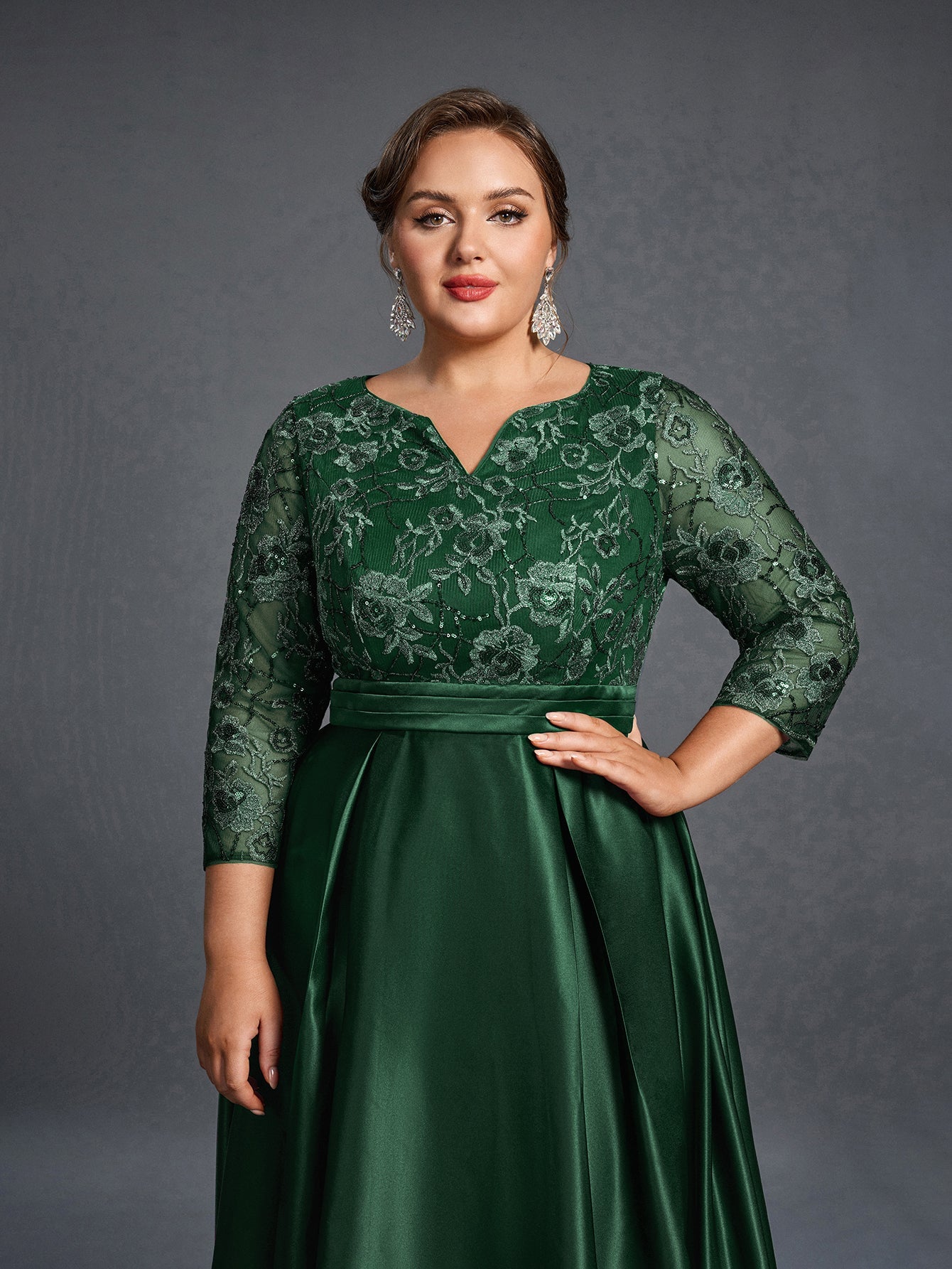 Plus Womens' Evening Gown: Allover Sequin-Embroidered Bodice & Satin A-Line Skirt – Elegant Formal Dress for Black-Tie Events