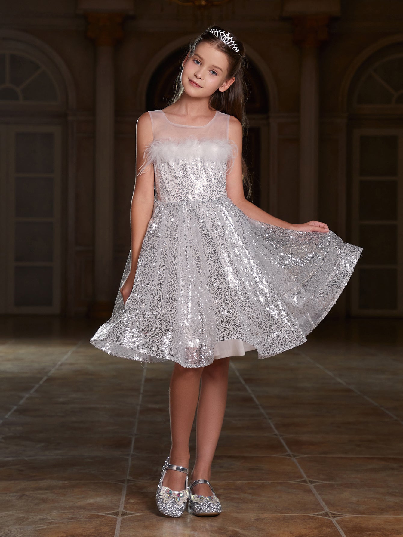 Girl's Feather Detail Bow Back Sequin A Line Dress
