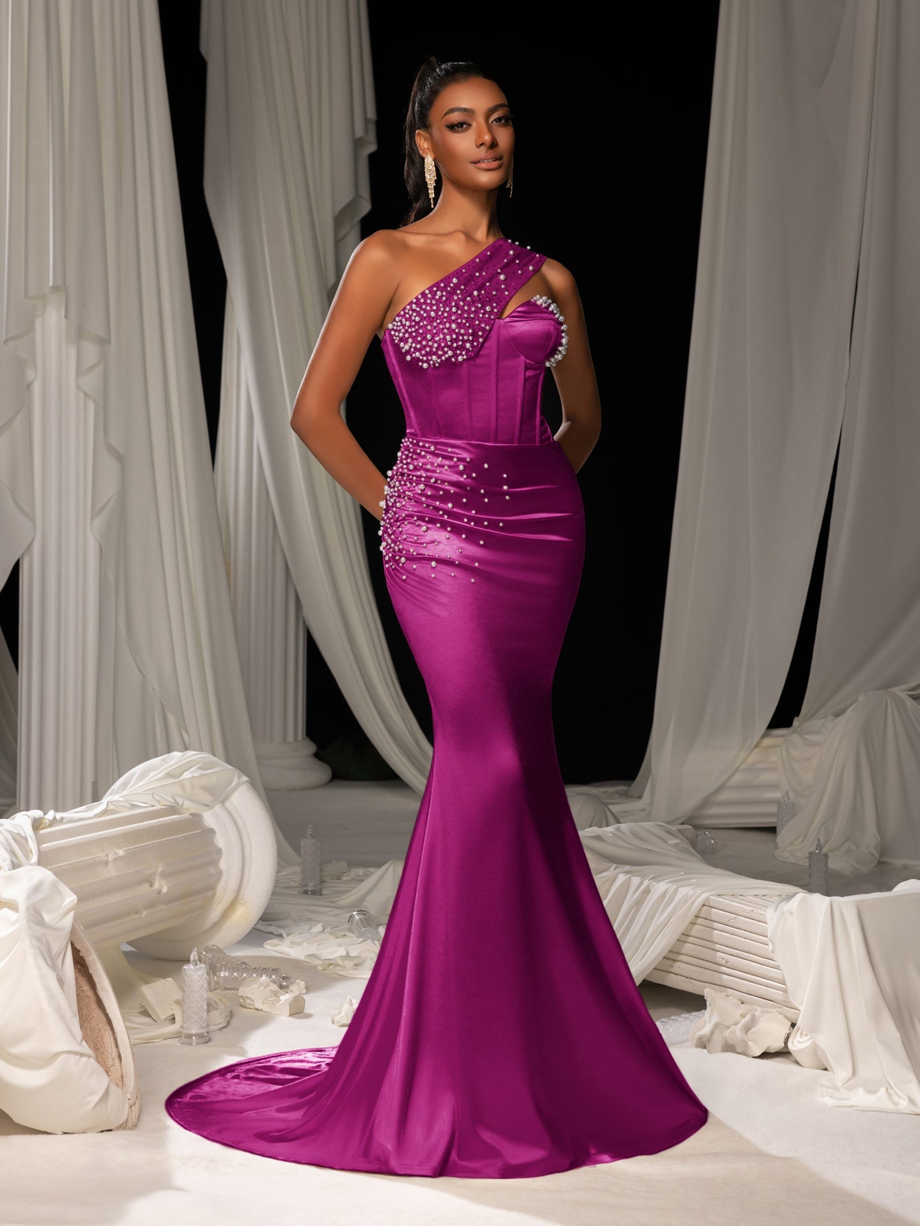Elegant One Shoulder Mermaid Hem Satin Evening Dress with Pearl Accents