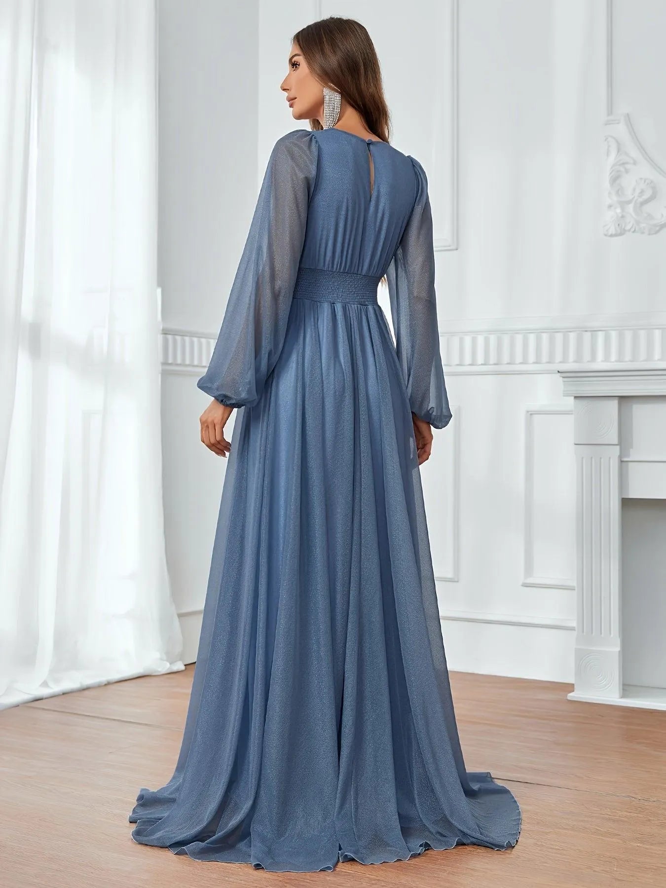 Elegant Shirred Waist Maxi A Line Dress Blue Ashes / XL Elegant Shirred Waist Maxi A Line Dress Blue Ashes / XL