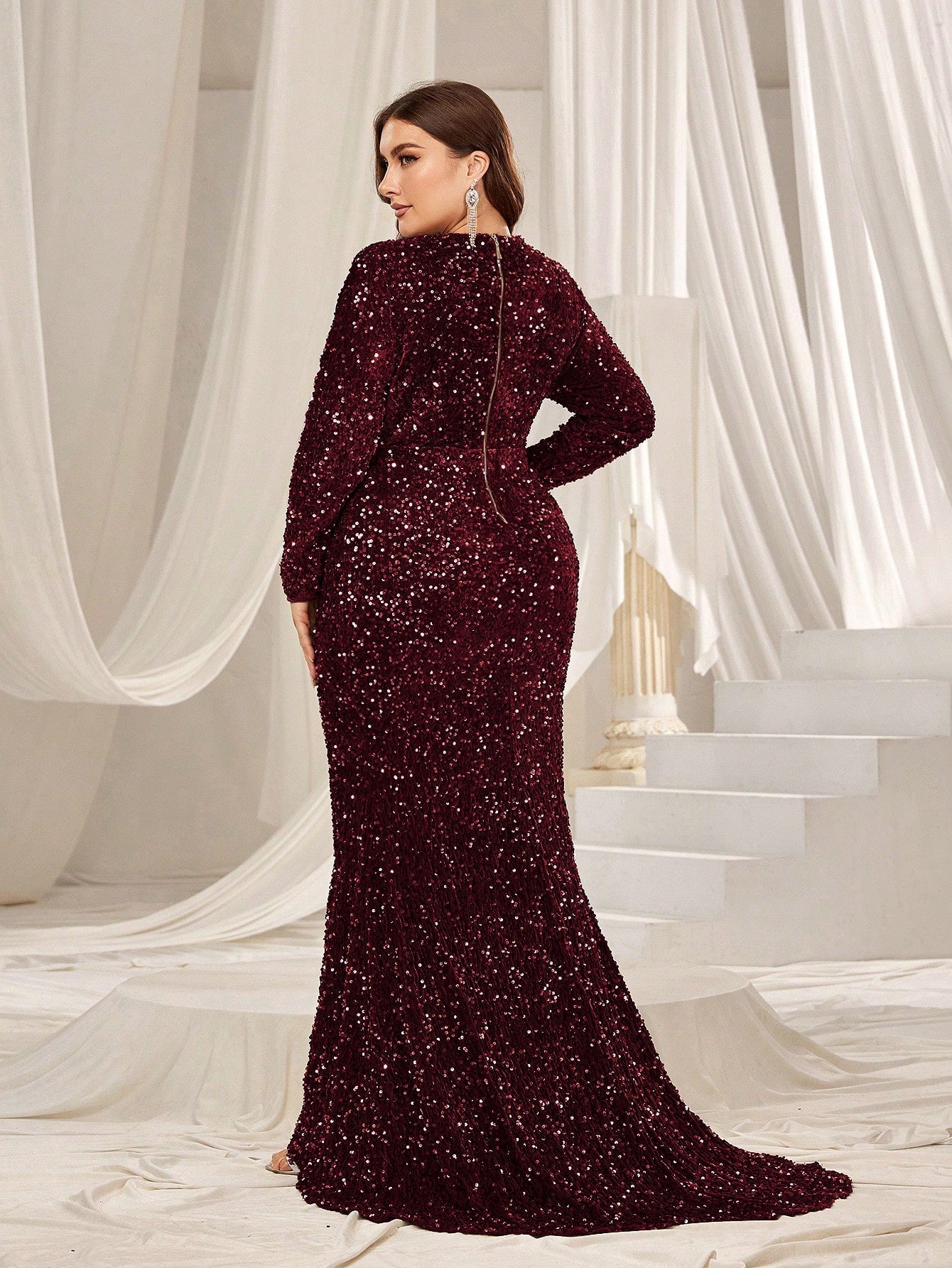Plus Elegant Maxi Sequin Evening Gown with Mock Neck, Long Sleeves, and Mermaid Fishtail Skirt