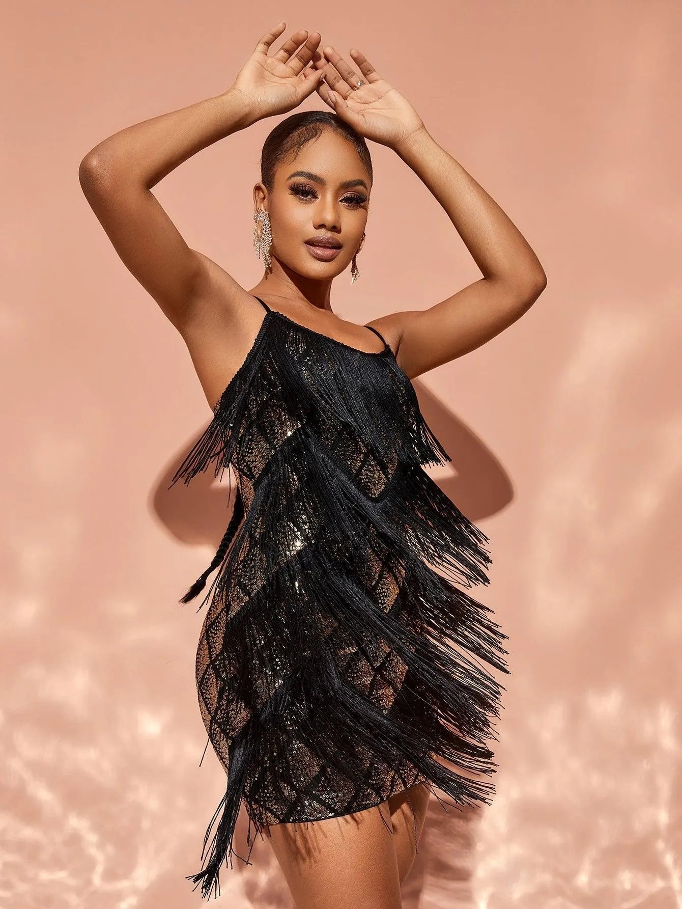 fringed sequin mini dress LaDivine CD780 Short Cocktail Fitted Fringe Mini Dress