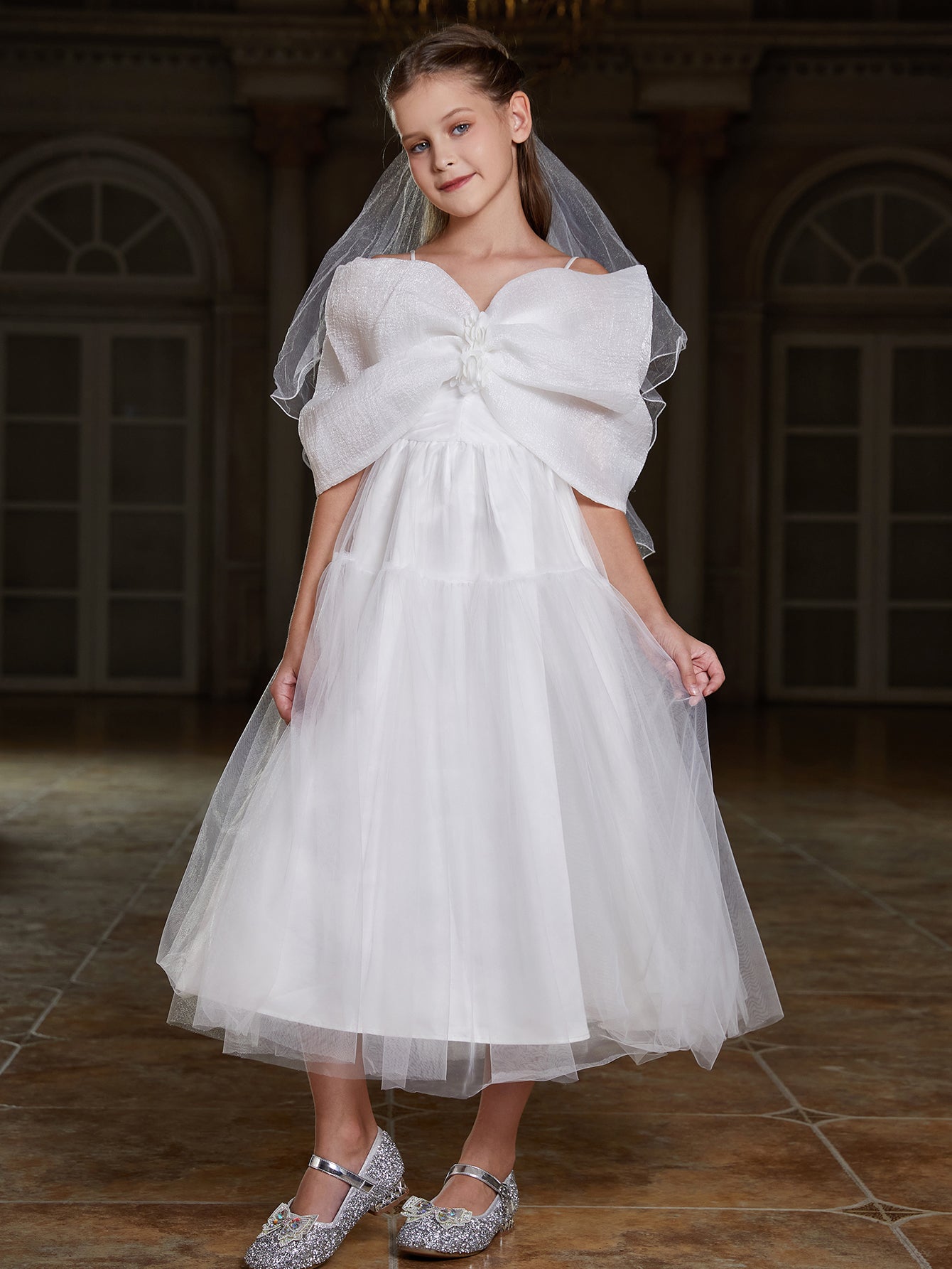 a line dress with bow Mock Neck A-Line Dress with Puff Sleeves and Bow Back 44883