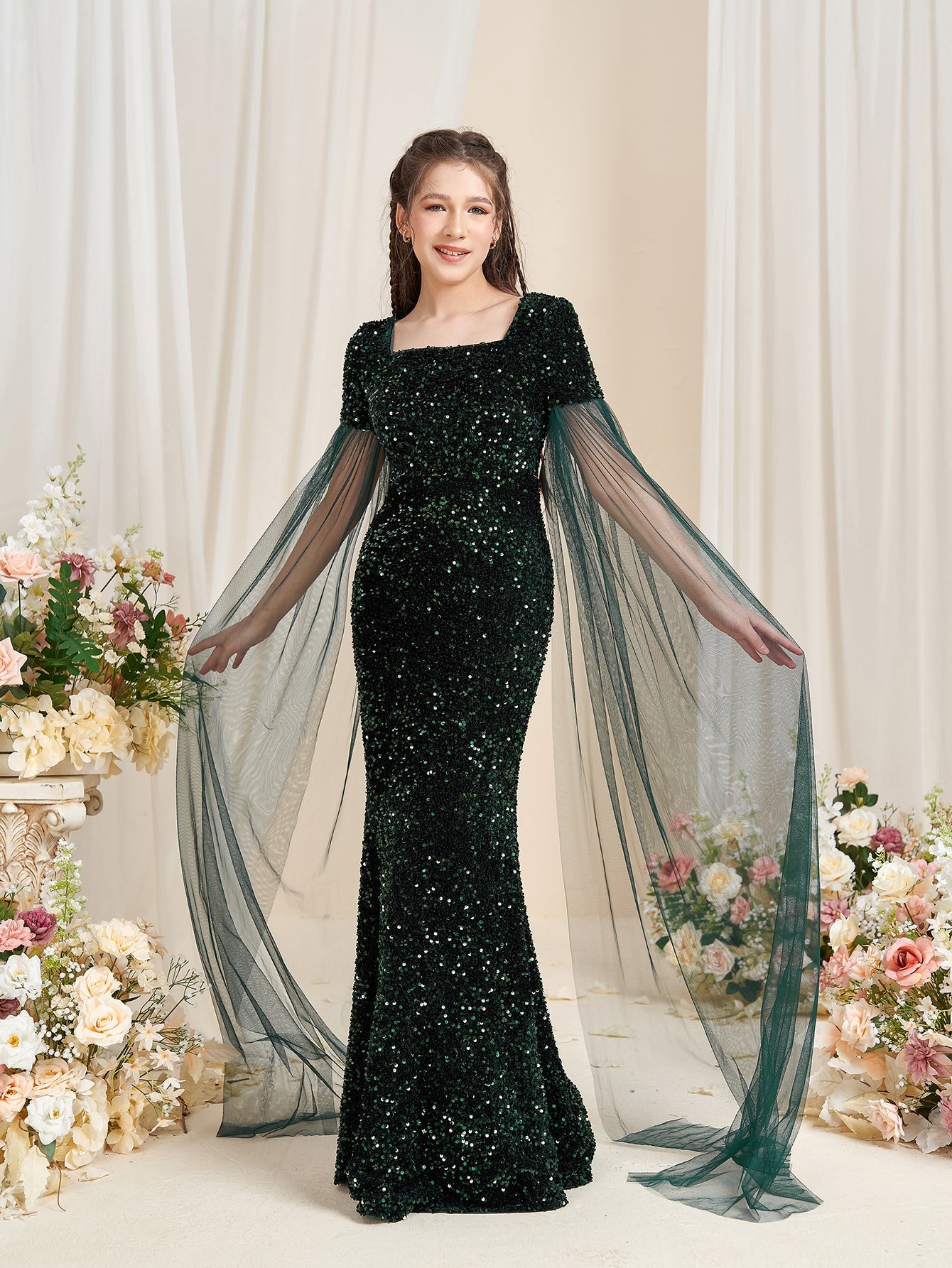 cloak sleeve sequin formal dress Sequin Lace Cape Sleeve Long Formal Chiffon Evening Gown