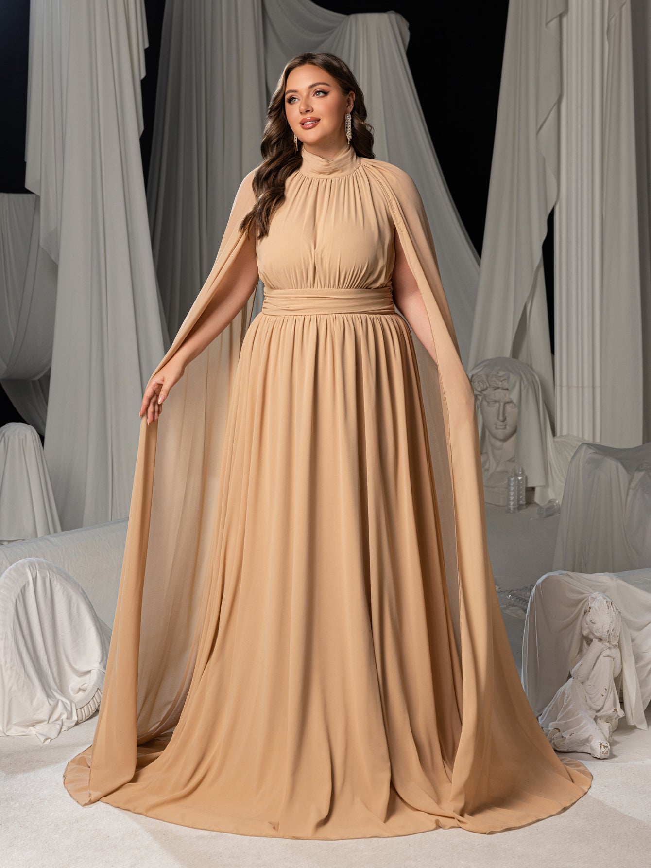 Plus Mock Neck Cloak Sleeves Chiffon Formal Cape Dress Champagne / 5XL Plus Mock Neck Cloak Sleeves Chiffon Formal Cape Dress Champagne / 5XL