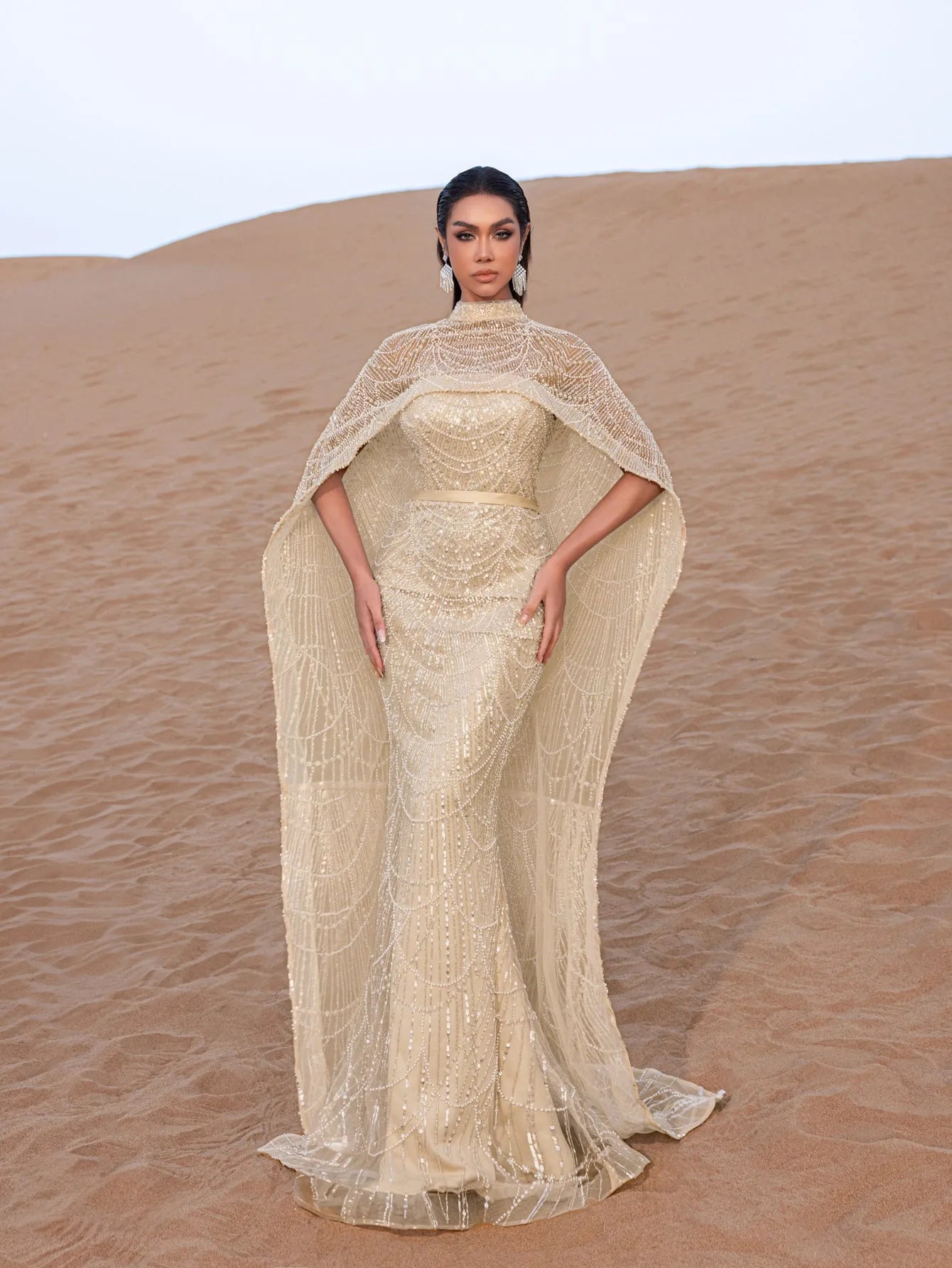 sequin cape dress Luxury Gorgeous Mock Neck Mermaid Hem Beaded Sequin Cape Dress Light Blue / S