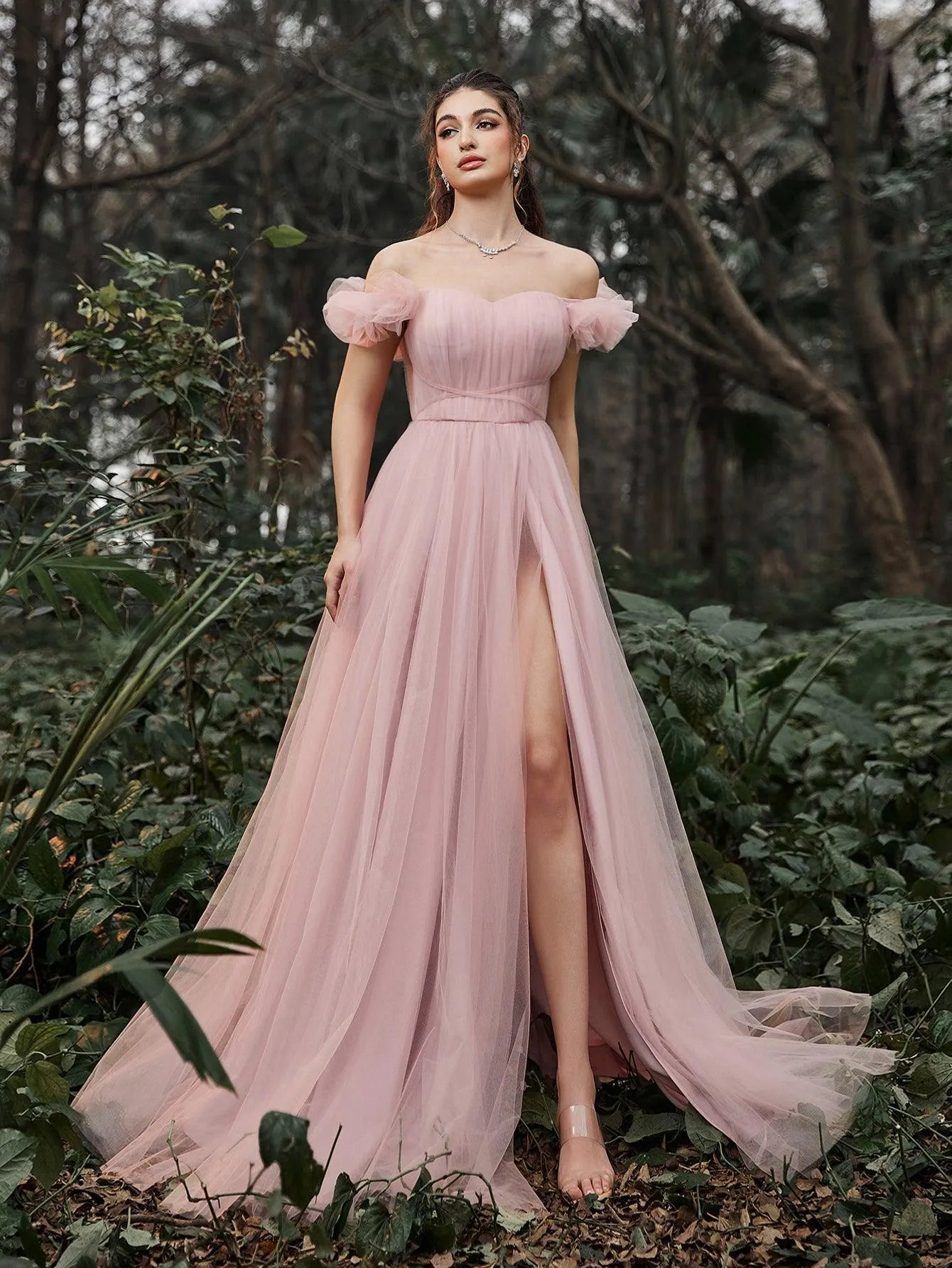 Elegant Off Shoulder Ruched Bust Split Thigh Tulle Evening Dress Faeriesty Elegant Off Shoulder Ruched Bust Split Thigh Tulle Evening Dress Faeriesty