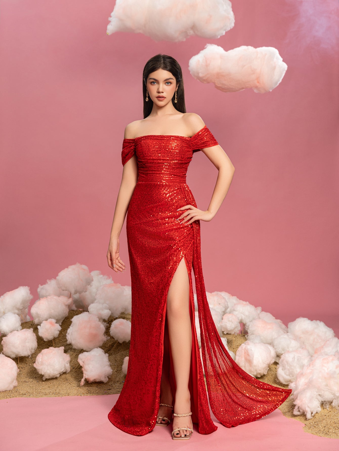 red off the shoulder sequin dress Red Sequin Off the Shoulder Leg Slit A-line Prom Dress