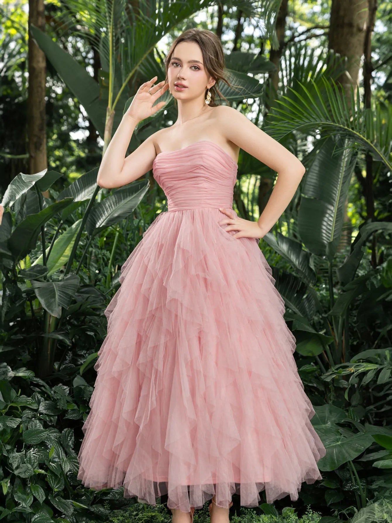 Midi Ruched Bustier Cascading Ruffle Hem Tulle Party Tube Dress Pink / L Midi Ruched Bustier Cascading Ruffle Hem Tulle Party Tube Dress Pink / L