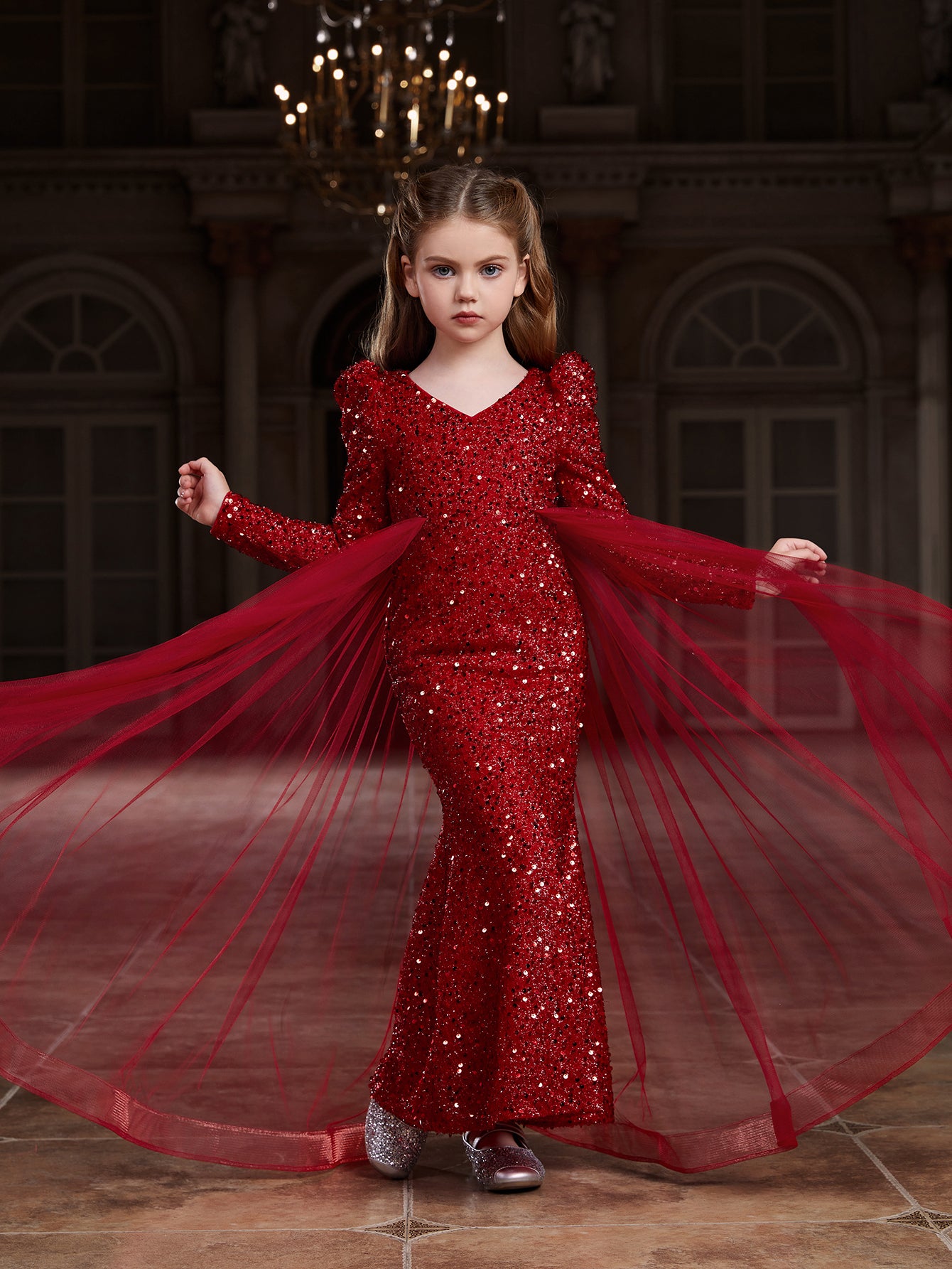 girls long sleeve sequin dress Tween Girls' Square Collar Long Sleeves Sequin Mermaid Dress Red / 11Y