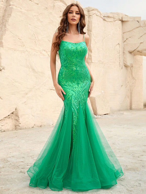 Elegant Spaghetti Strap Mesh Insert Sequin Mermaid Dress