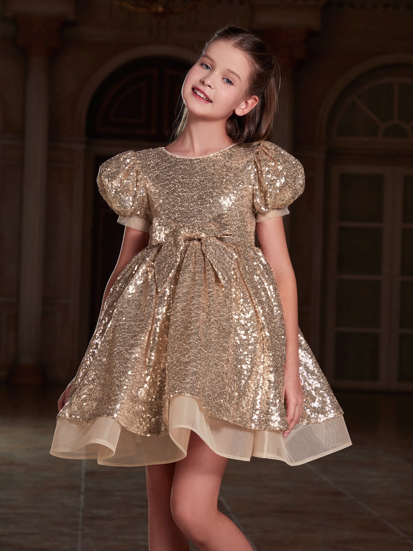 Girl's Cute Bow Front Puff Sleeve Sequin Party Dress