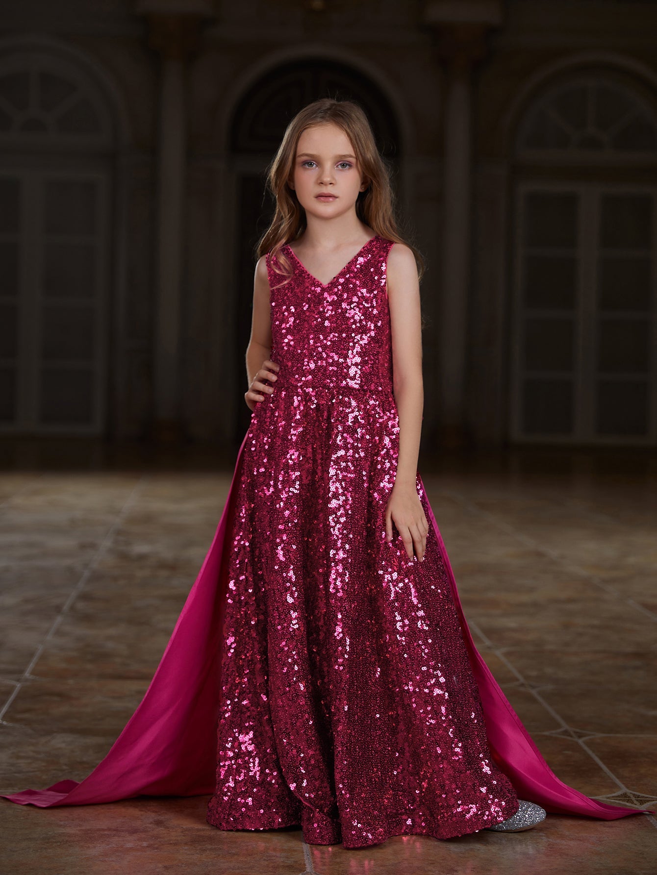 Girl's Bow Back Sleeveless Contrast Satin Sequin Party Dress
