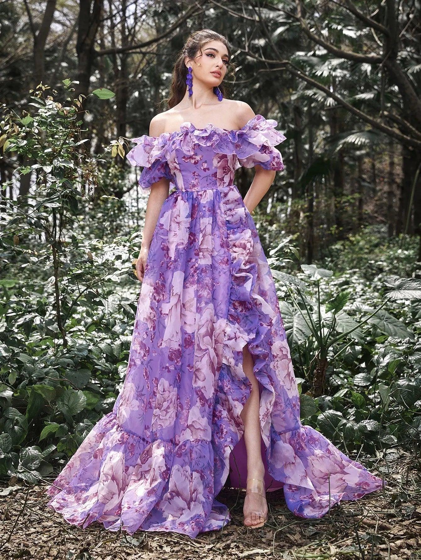 Elegant Ruffle Trim Off Shoulder Floral Organza Prom Dress Purple / L Elegant Ruffle Trim Off Shoulder Floral Organza Prom Dress Purple / L