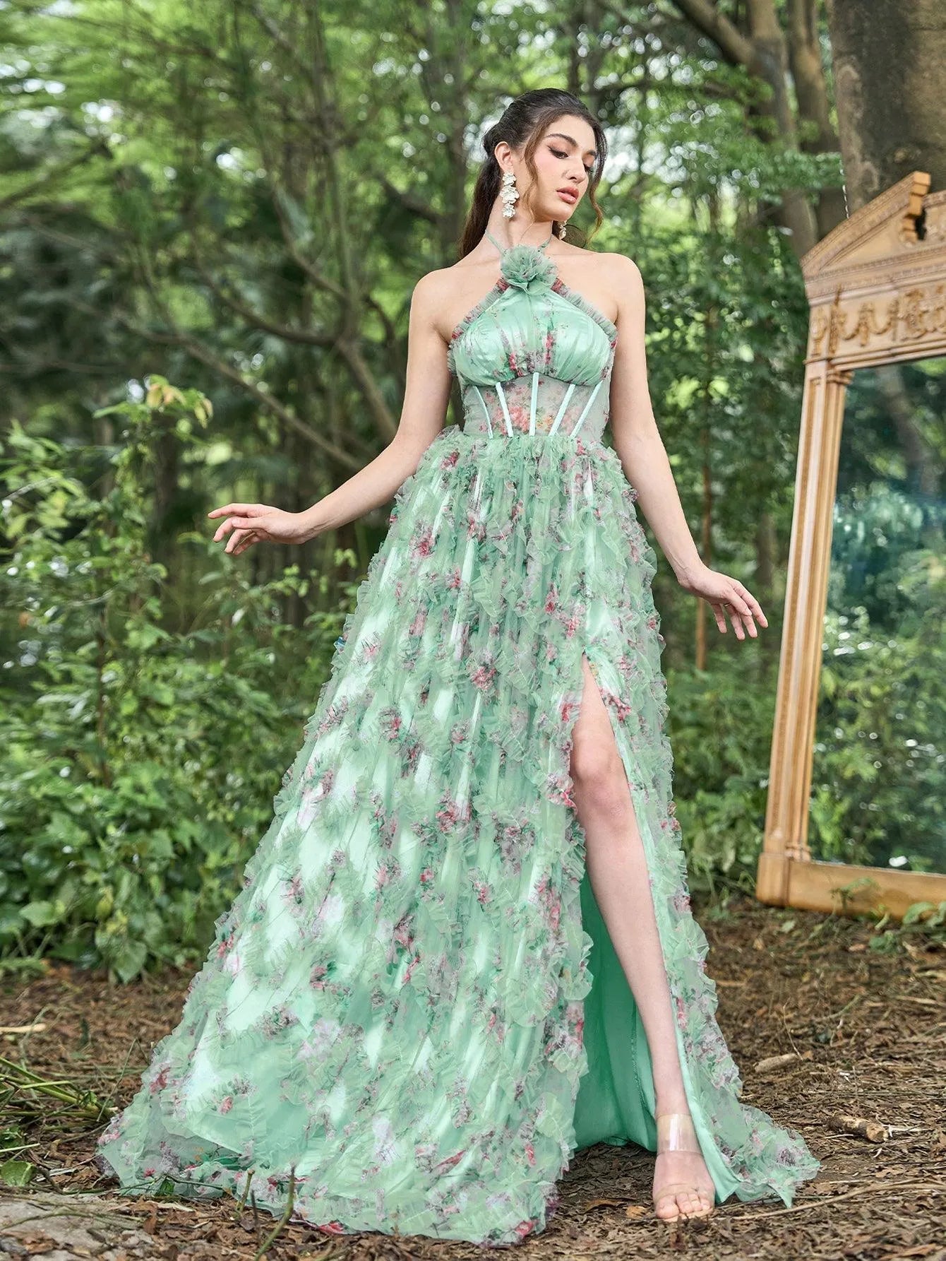 Elegant Cascading Ruffle Floral Tulle Halter Neck Split Prom Dress Green / L