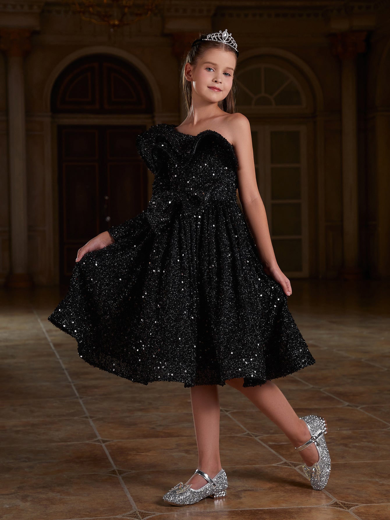 Girl's One Shoulder Layered Ruffle Trim Sequin Party Dress