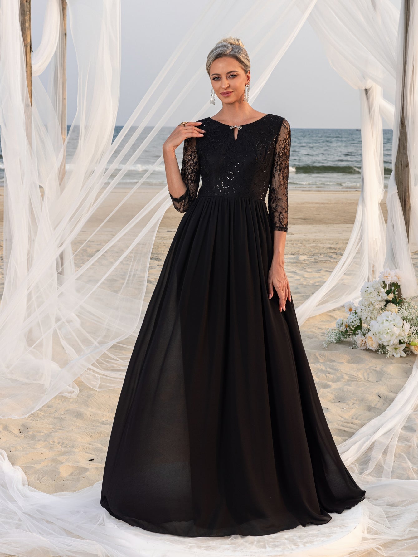 Womens' Lace Bodice & Chiffon Skirt Mother-of-the-Bride Formal Dress