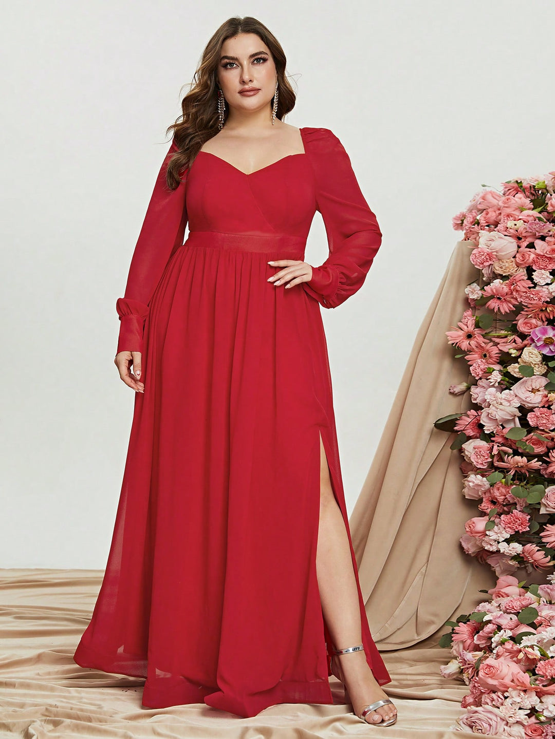 Plus Size Sweetheart Backless Long Sleeve Chiffon A Line Dresses Red / 3XL Plus Size Sweetheart Backless Long Sleeve Chiffon A Line Dresses Red / 3XL