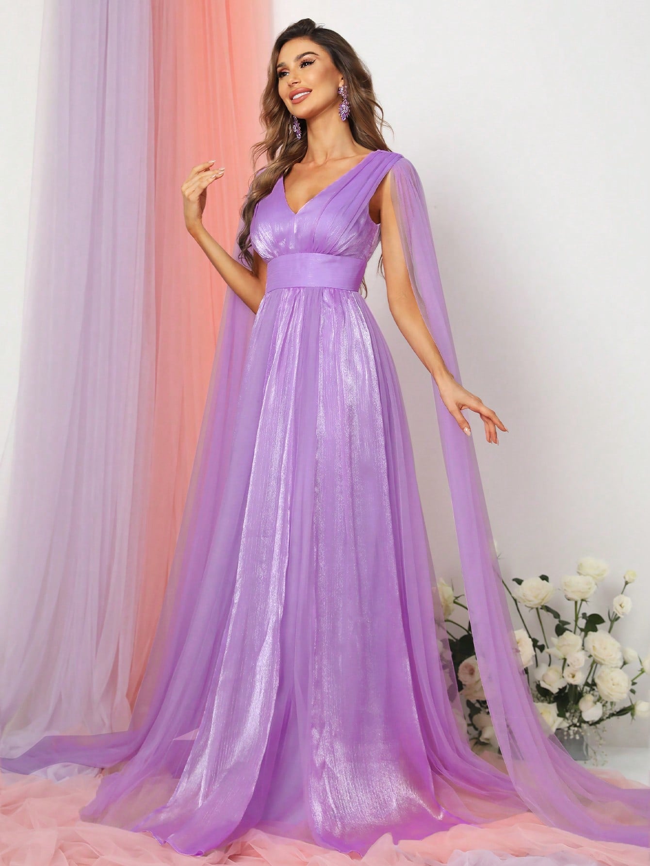 Plunging Neck A Line Bridesmaid dress With Cape Purple / L Plunging Neck A Line Bridesmaid dress With Cape Purple / L