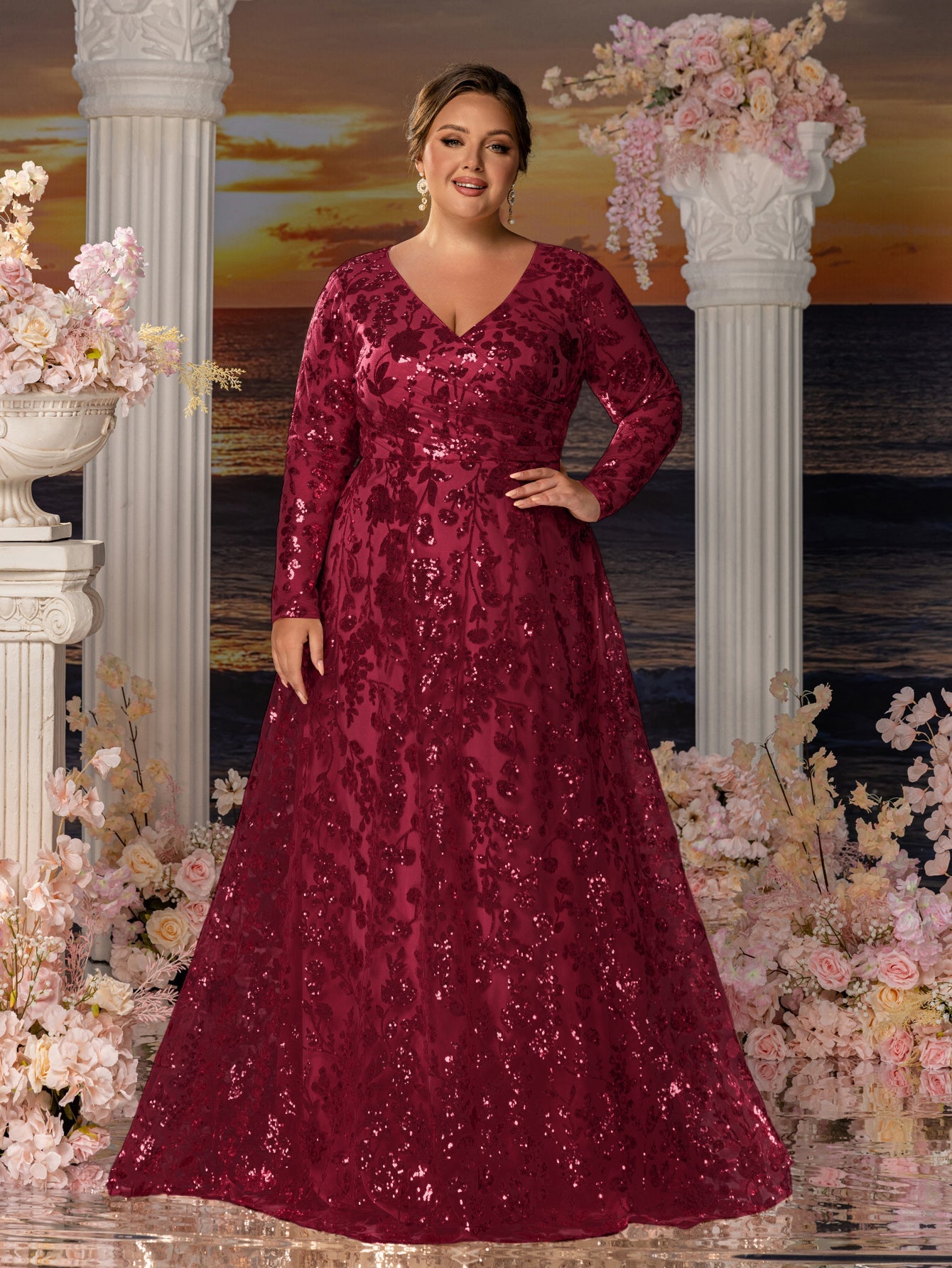 Plus Womens' Elegant V-Neck Evening Gown with Delicate Lace & Silver Embroidery – Long Flowing Skirt for Seaside Weddings & Romantic Beach Events