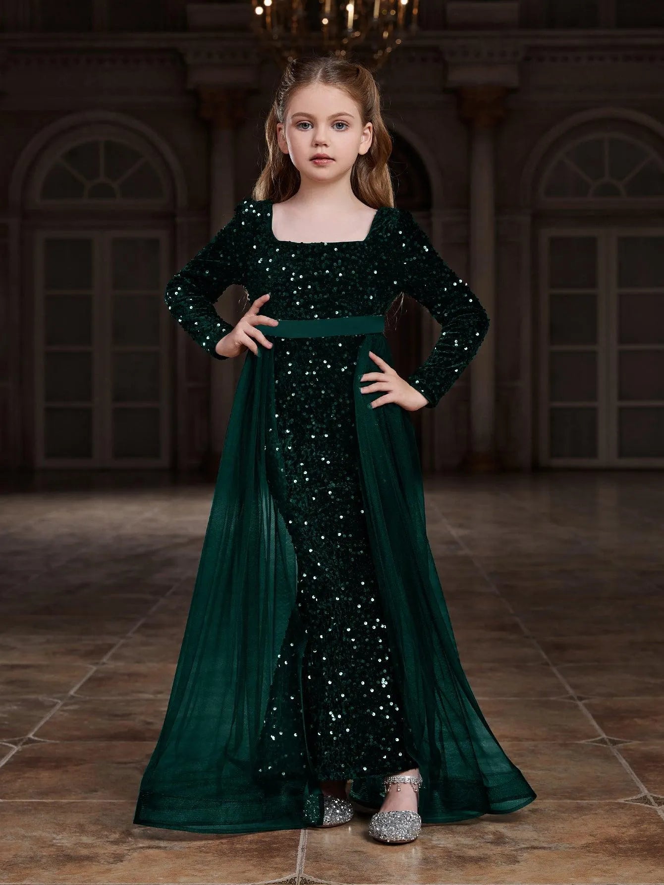 Tween Girls' Square Collar Long Sleeves Sequin Mermaid Dress Faeriesty Tween Girls' Square Collar Long Sleeves Sequin Mermaid Dress Faeriesty