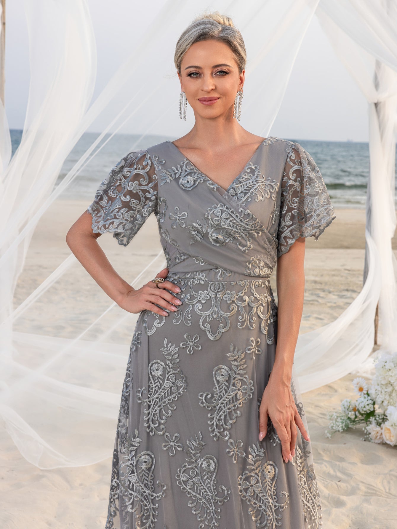 Womens' Elegant V-Neck Evening Gown with Delicate Lace & Silver Embroidery – Long Flowing Skirt for Seaside Weddings & Romantic Beach Events