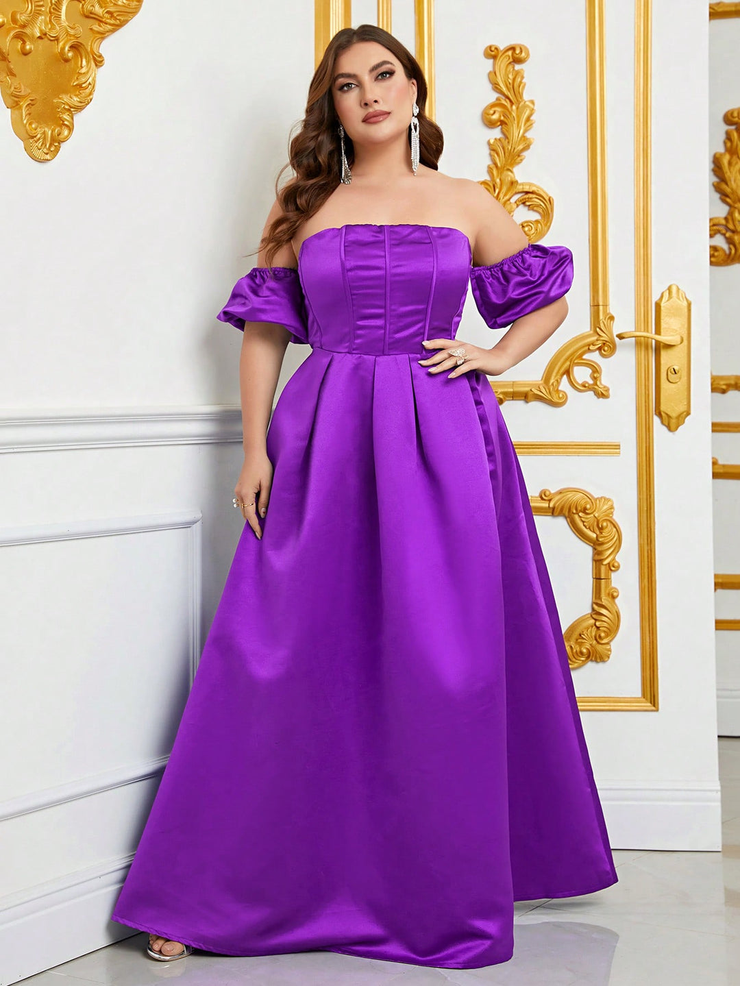 Plus Off Shoulder Puff Sleeves Ruched Bust Fold Pleated Satin Gown