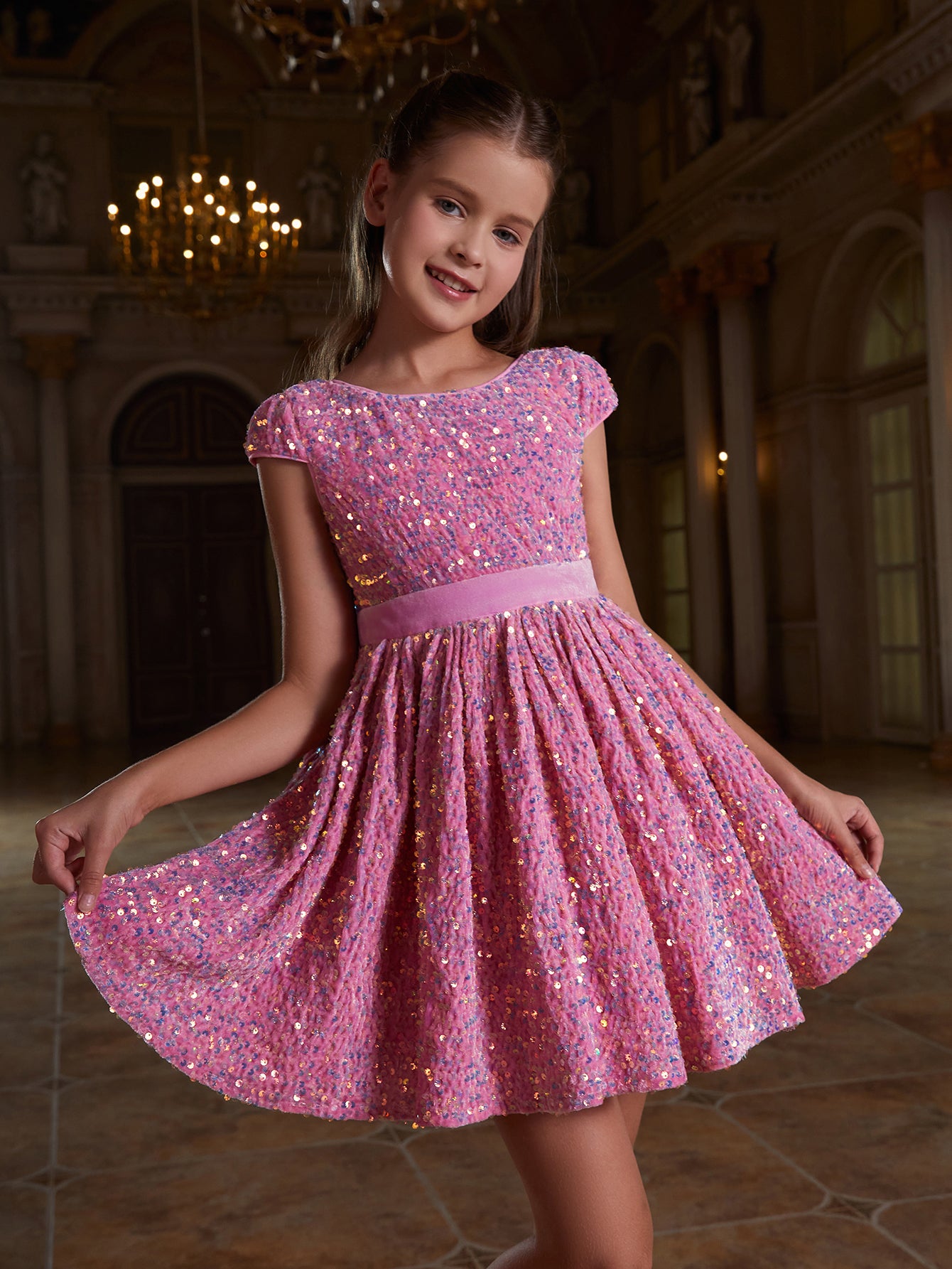 Girl's Bow Back Sequin A Line Dress