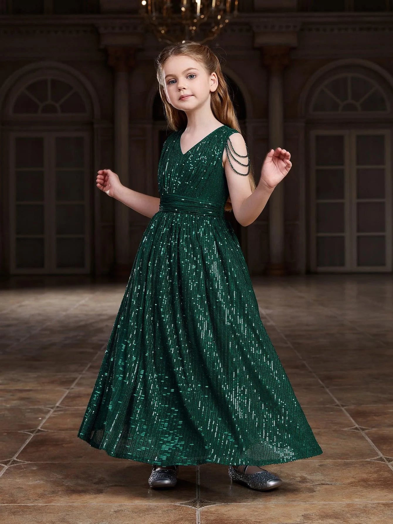 Tween Girls' V Neck Chain Detail Sequin Party Dress Dark Green / 11Y Tween Girls' V Neck Chain Detail Sequin Party Dress Dark Green / 11Y