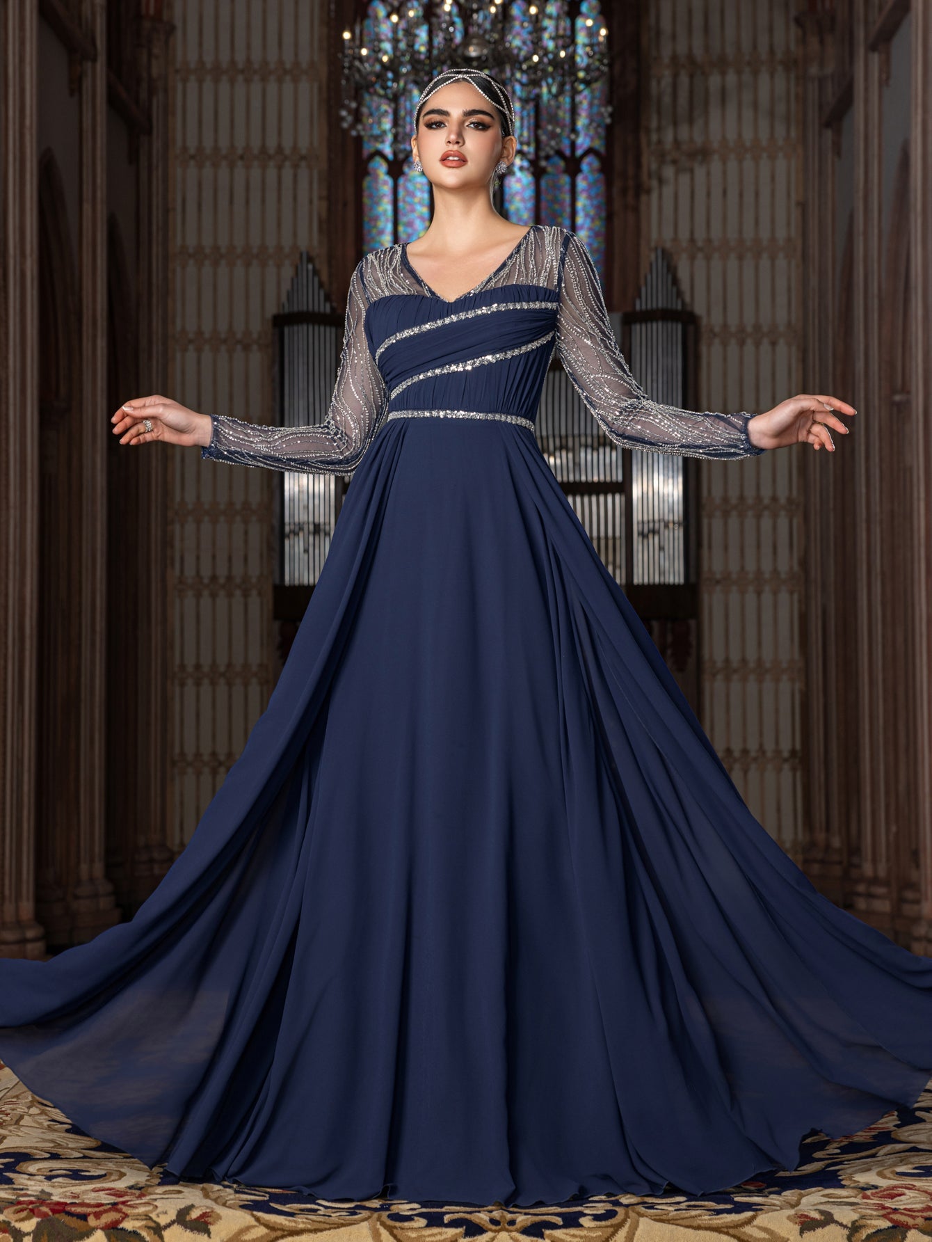 Elegant Chiffon V-Neck Evening Gown with Silver Sequined Translucent Sleeves & Floor-Length Skirt