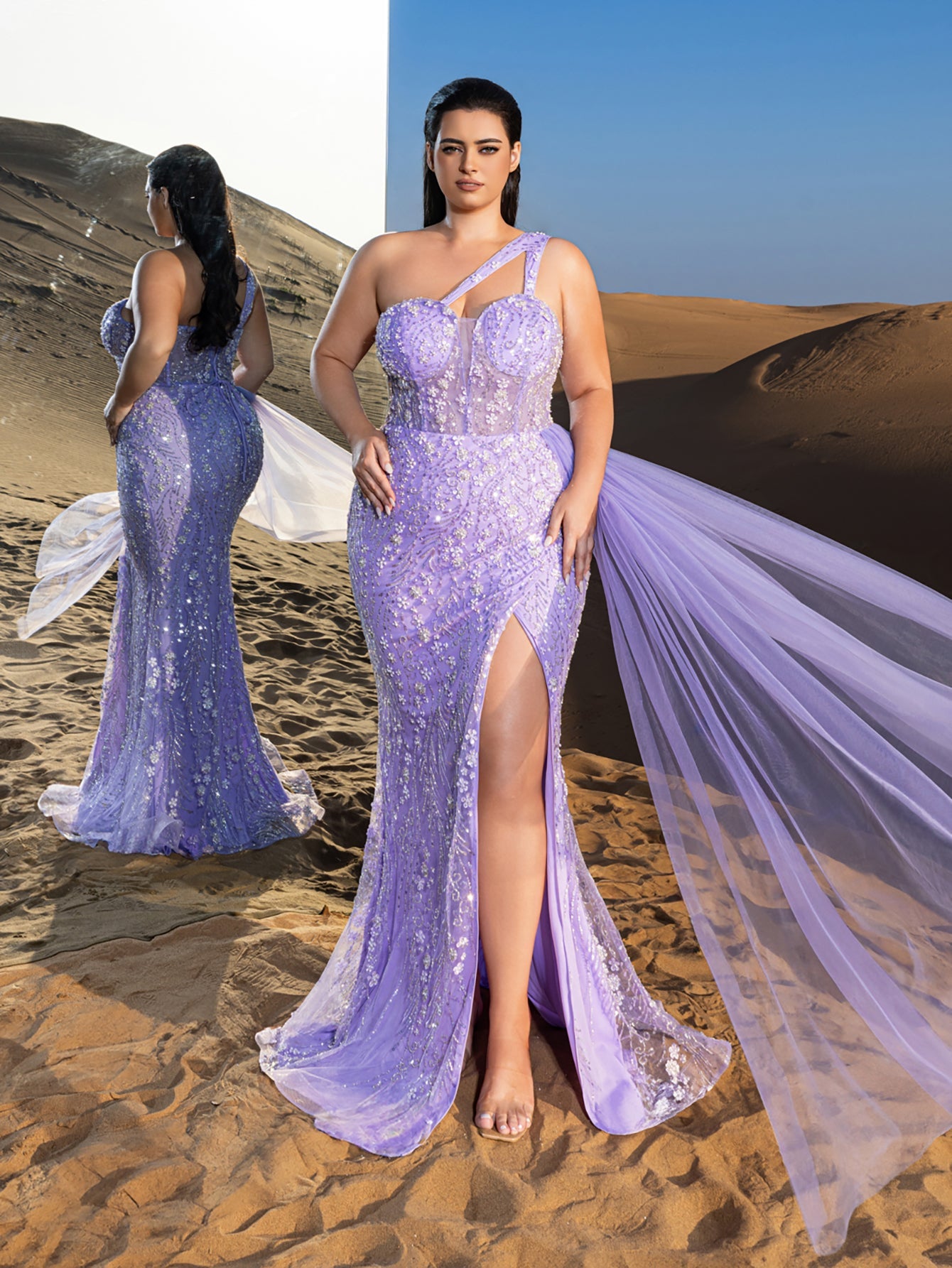 Plus Gorgeous One Shoulder Split Thigh Mermaid Hem Formal Dress Eveni Purple / 5XL Plus Gorgeous One Shoulder Split Thigh Mermaid Hem Formal Dress Eveni Purple / 5XL