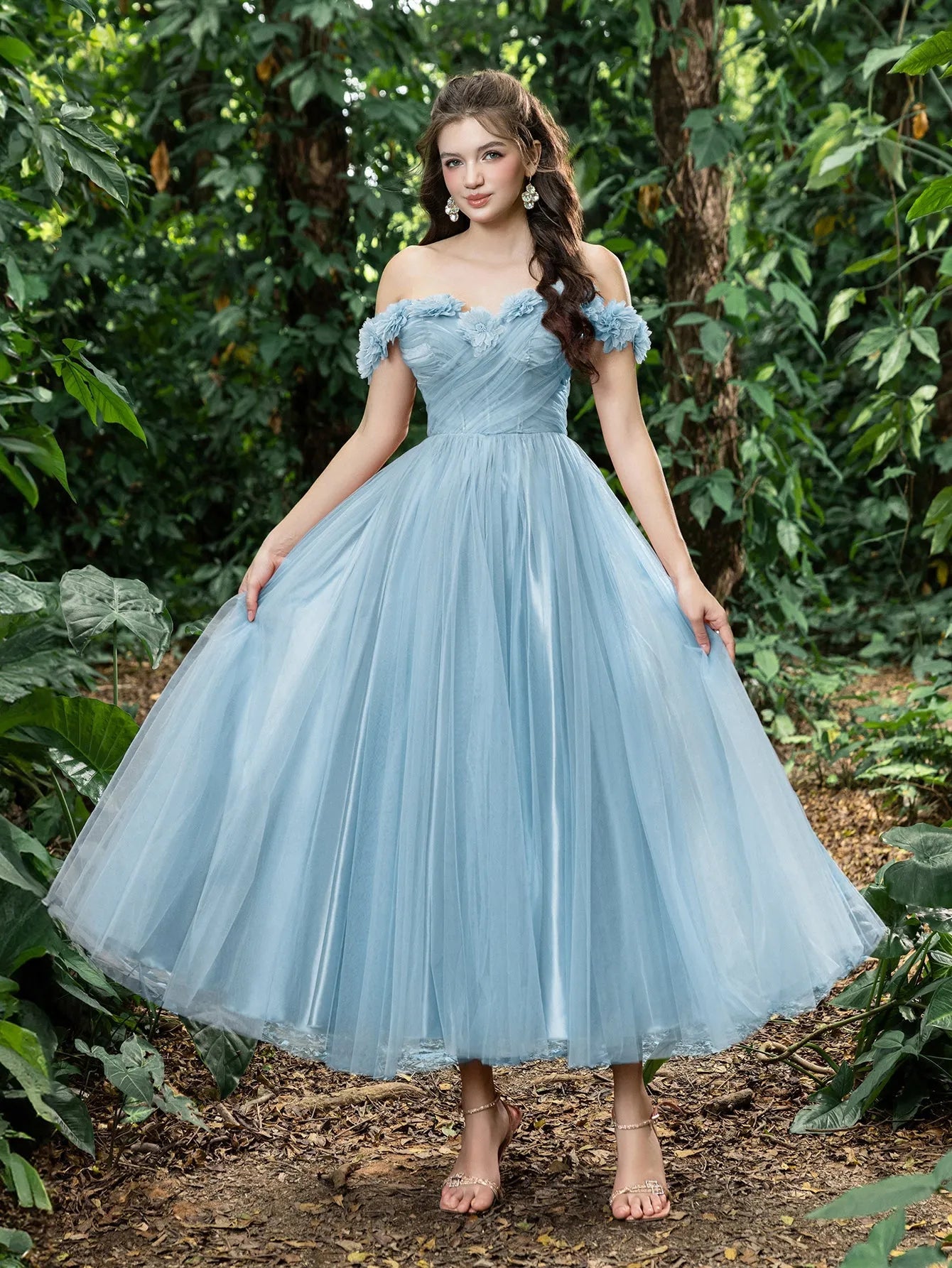 Midi Applique Detail Off Shoulder Tulle Party Tube Dress Light Blue / XS Midi Applique Detail Off Shoulder Tulle Party Tube Dress Light Blue / XS