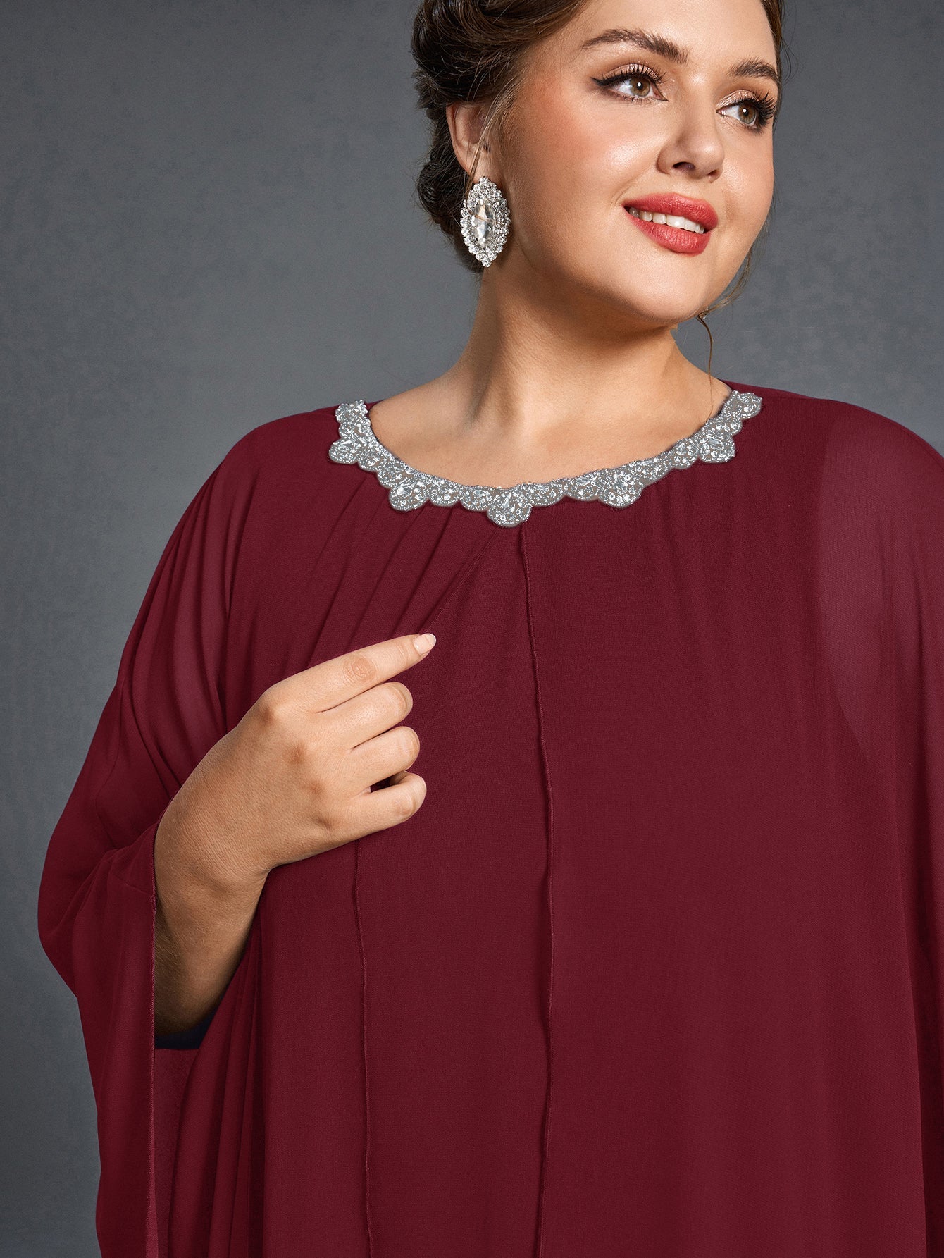 Plus Womens' Embellished Round -Neck Formal Dress with Sheer Chiffon Cape Sleeves