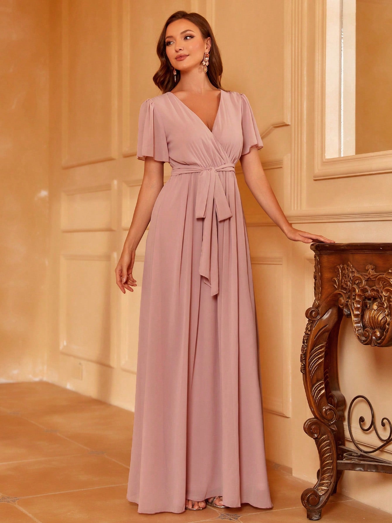 Plunging Neck Butterfly Sleeve Belted Dress