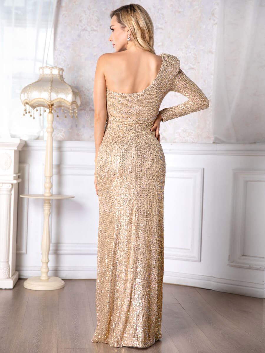 Elegant One Shoulder Long Sleeve Sequin Dress