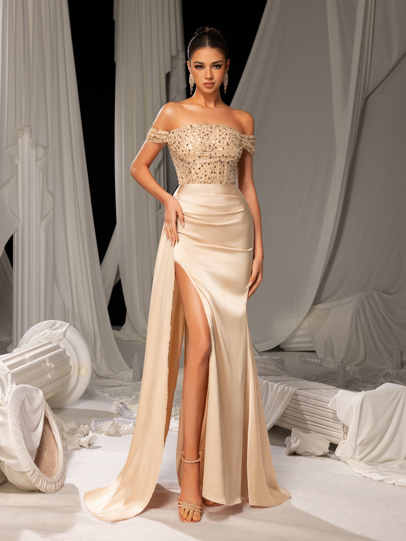 Elegant Off-Shoulder Gown with High Slit & Beaded Bodice Luxury Sat Mint / Xs Elegant Off-Shoulder Gown with High Slit & Beaded Bodice Luxury Sat Mint / Xs