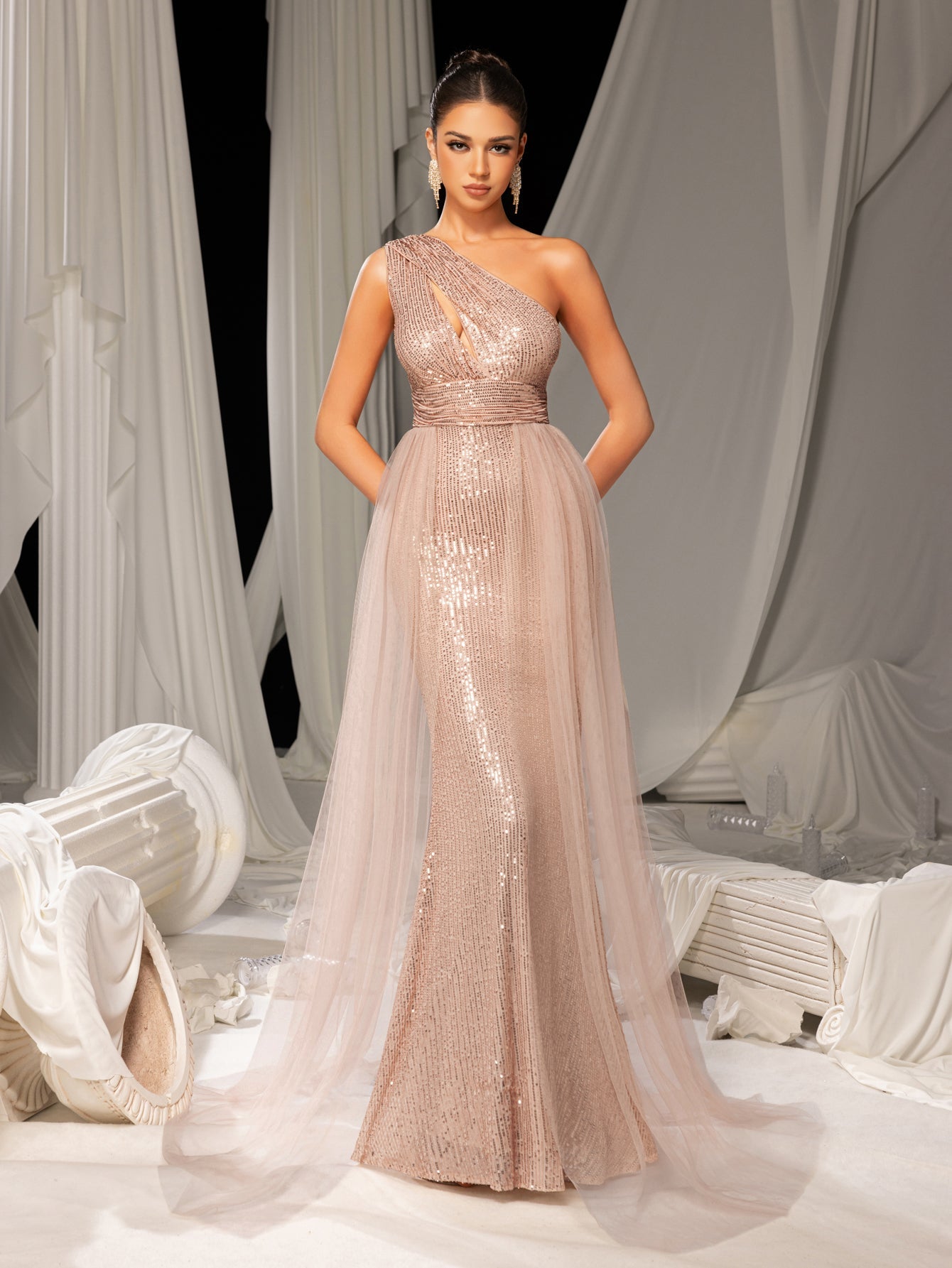 prom dress with overlay White Lace and Tulle Overlay Nude Long Prom Dress