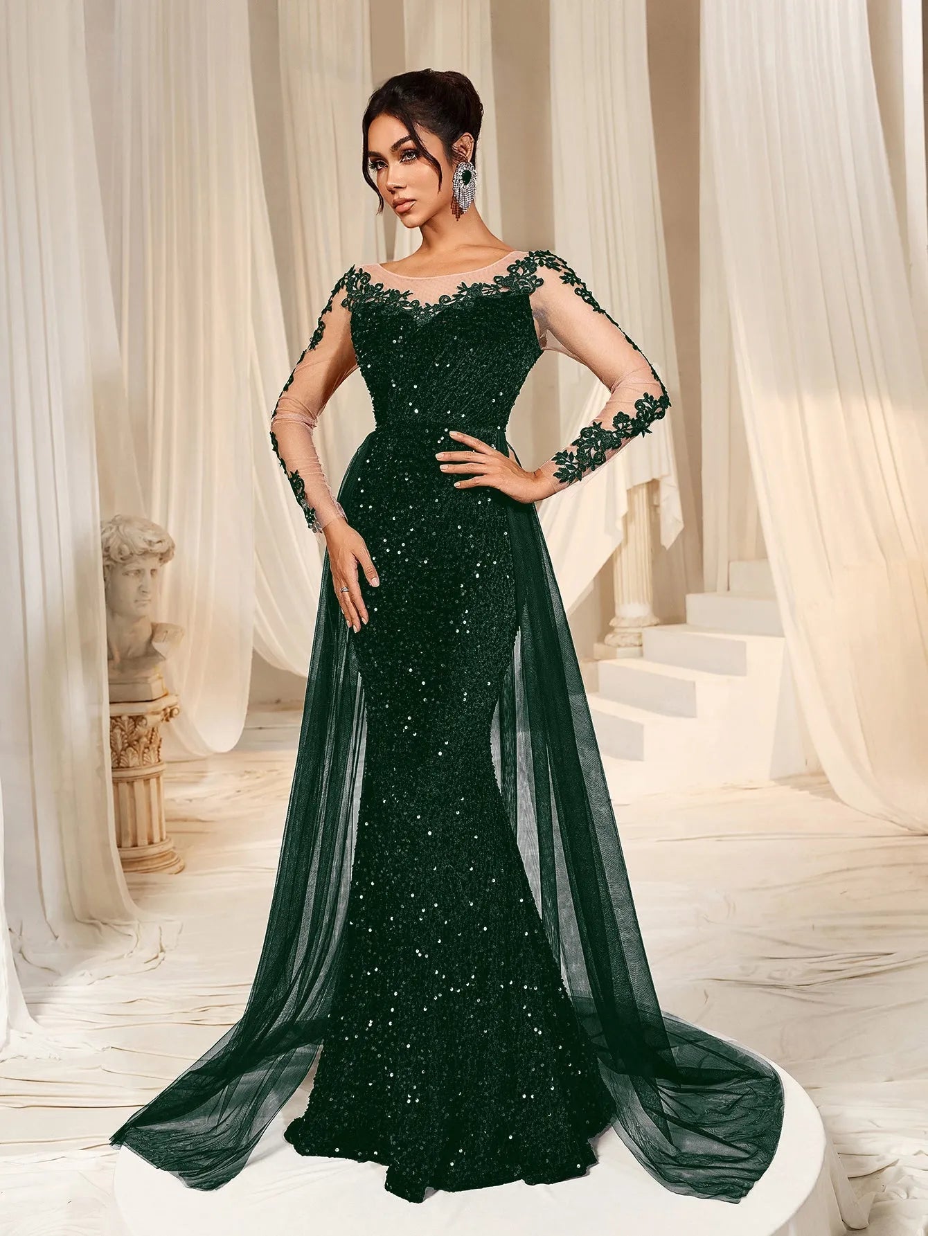 sequin evening dress with sleeves Blue Silver Sequin Evening Gown: Sheer Sleeve A-Line Formal Dress