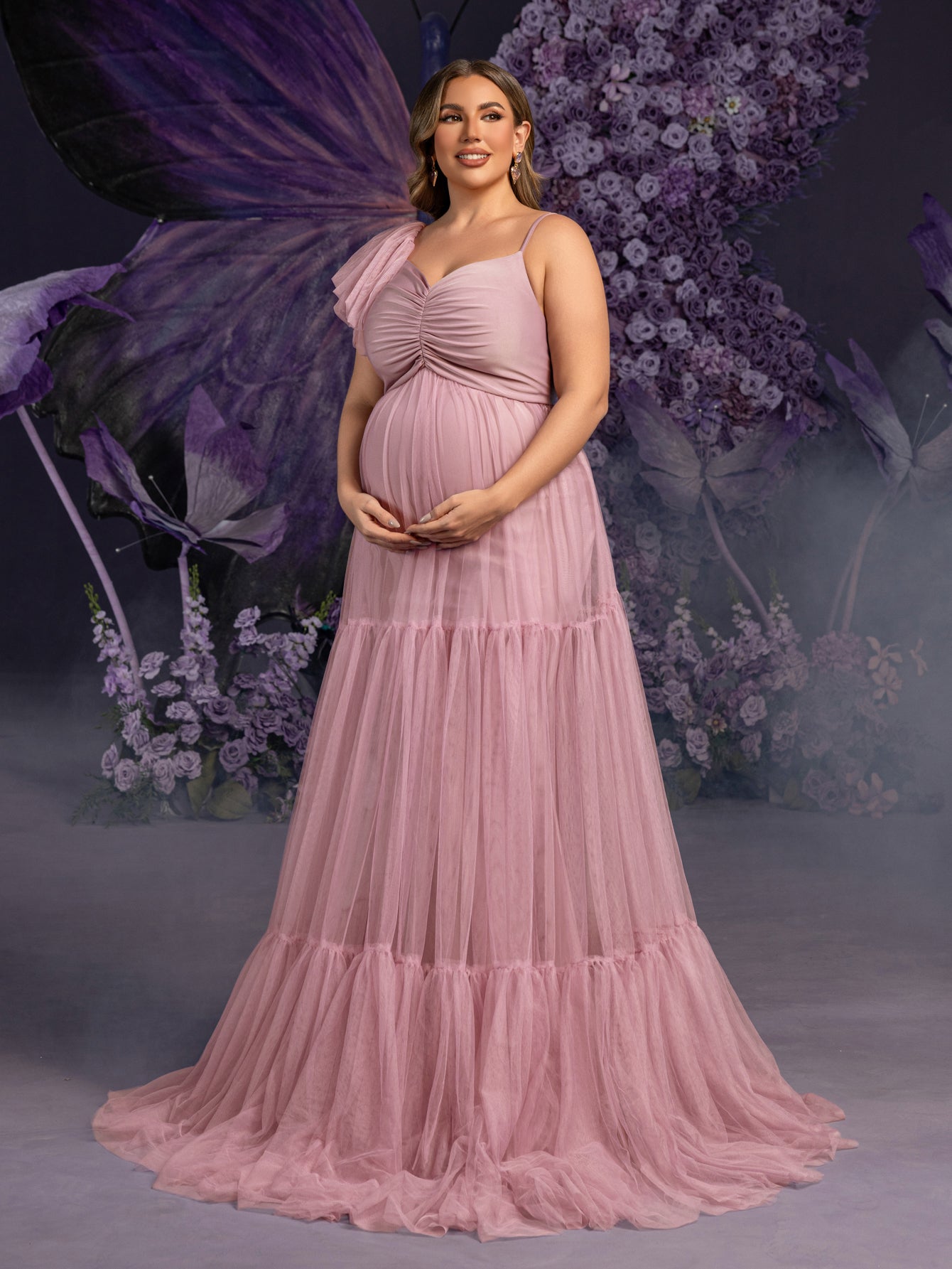 Plus Maternity Ruched Bust Layered Hem Mesh Ruffle Cami Dress