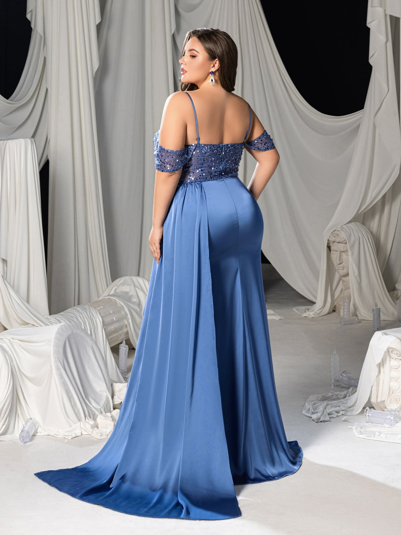 Plus Sequined & Beaded Off-Shoulder Mermaid Gown with Satin Floor-Length Train & High Slit