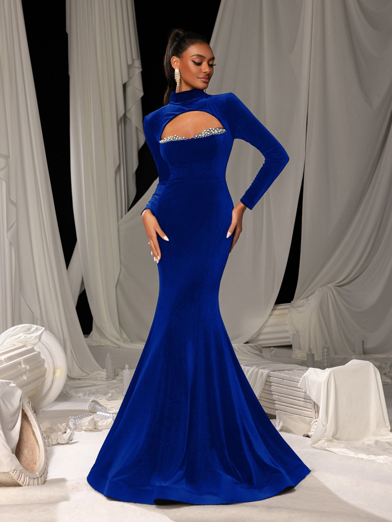 Elegant Velvet High-Neck Mermaid Gown with Chest Cutout, Rhinestone Accents & Floor-Length Train