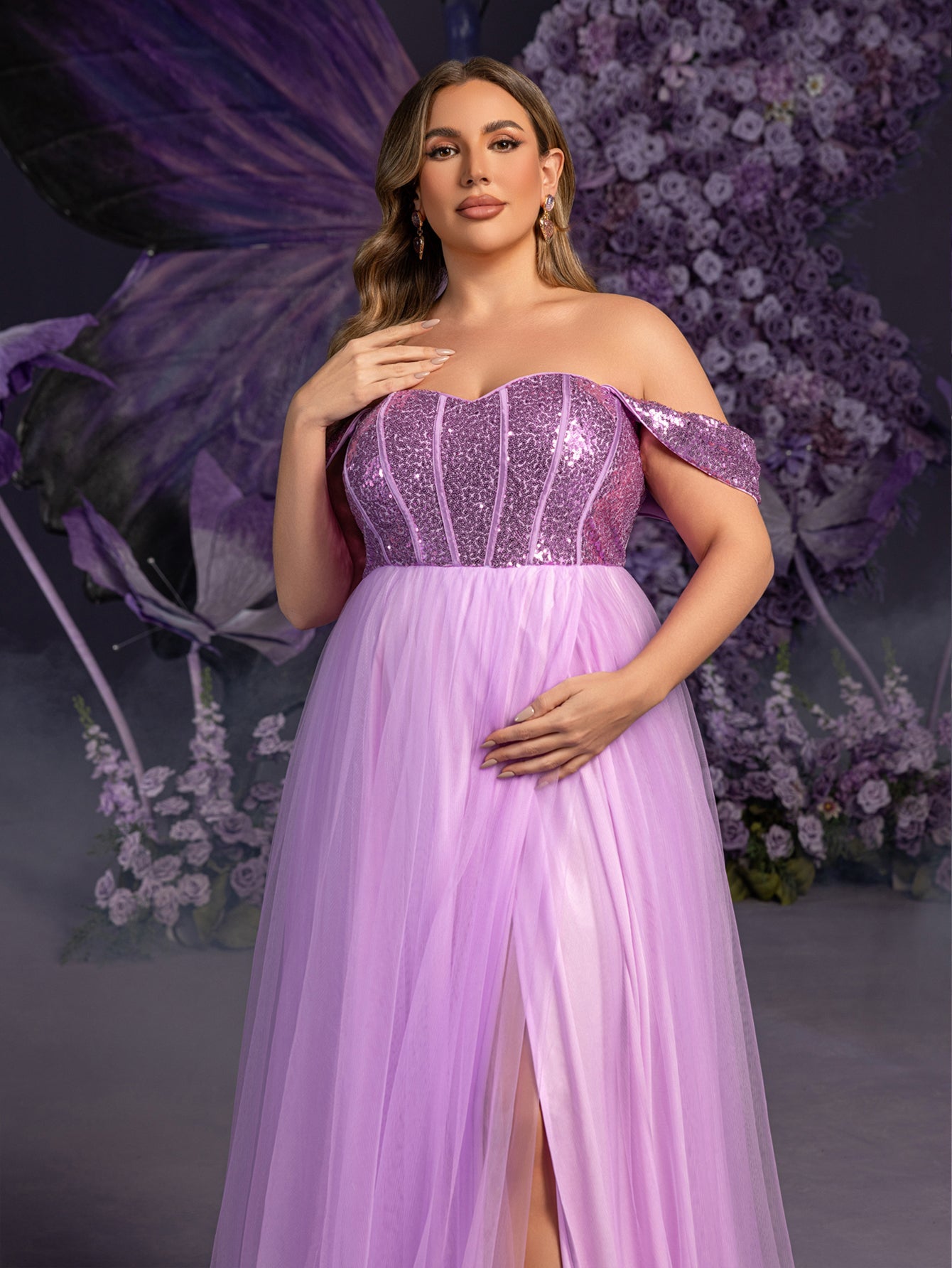 Plus Maternity  Off Shoulder Sequin Bodice Contrast Tulle Evening Dress