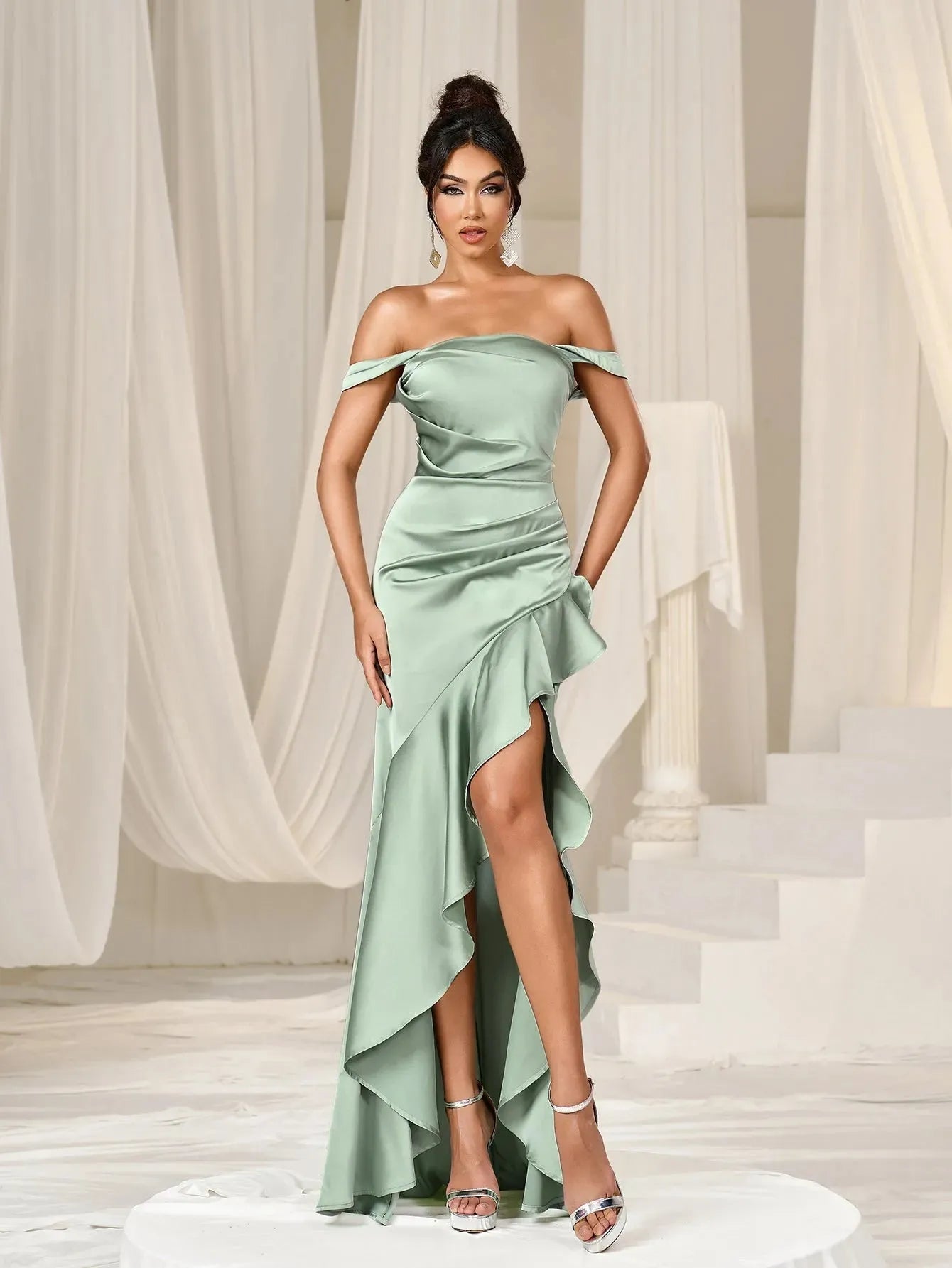 asymmetrical party dress Chic Asymmetric One Shoulder Satin Floor Length Party Dress With Lace Trousers