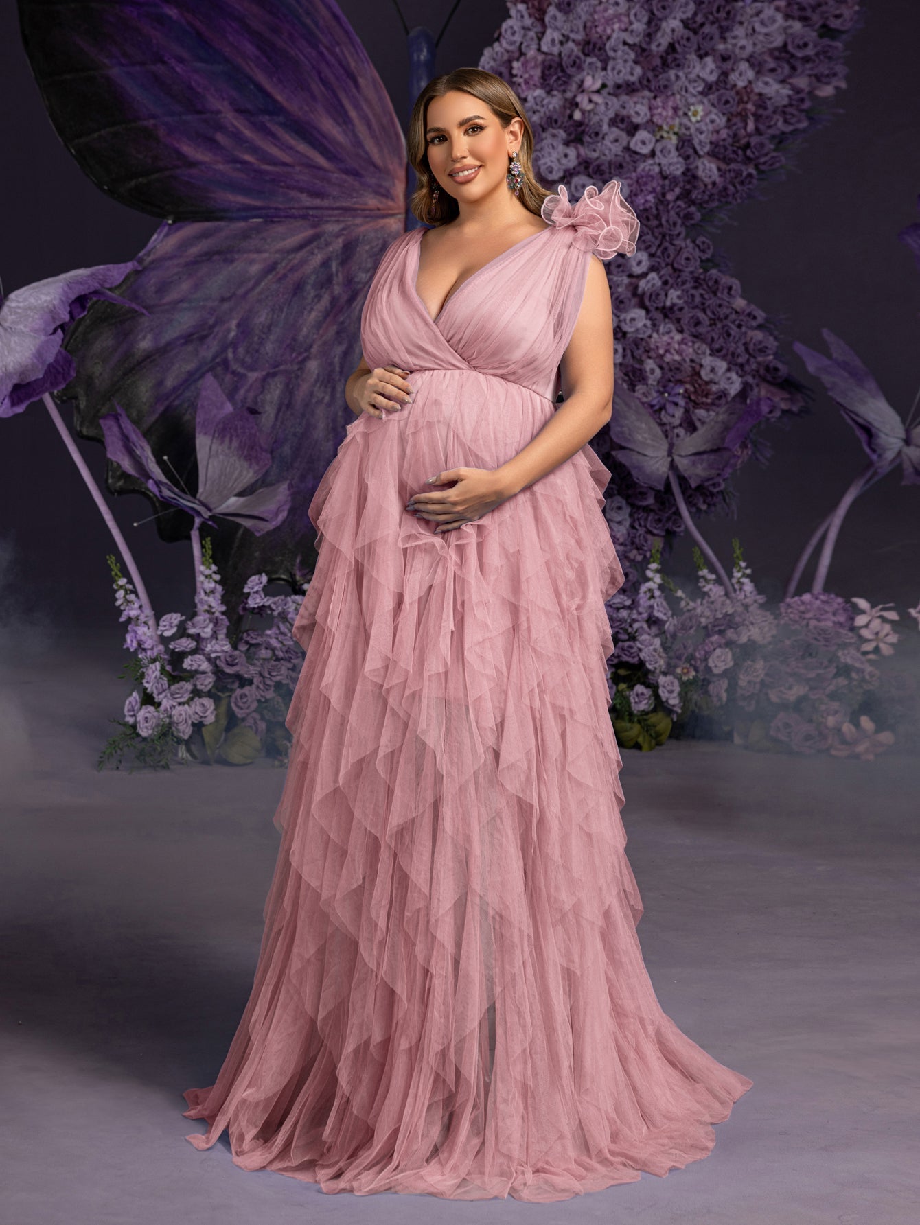 Plus Maternity Plunging Neck Stereo Flower Mesh Overlay Party Dress