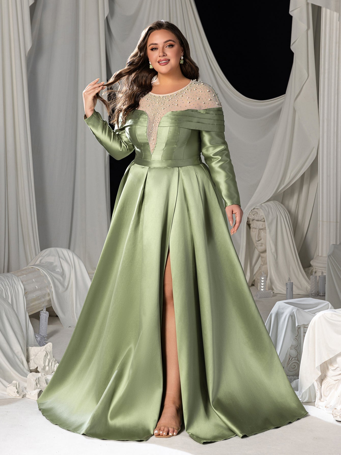 Plus Luxury Beaded Evening Gown with Off-Shoulder Mesh Insert, High Slit Satin Dress for Red Carpet & Gala Events